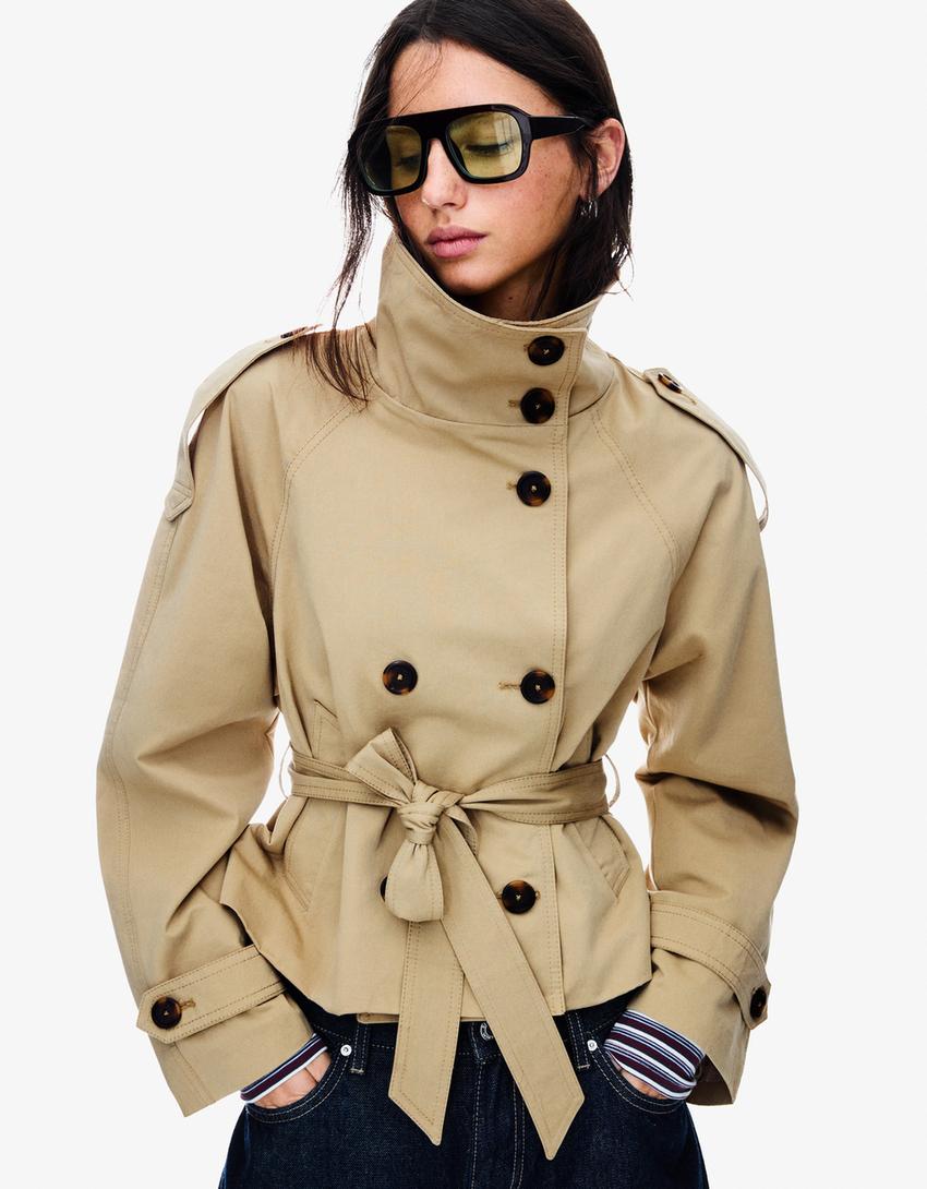 Rowan - Cropped High Collar Waterproof Belted Trenchcoat Woman