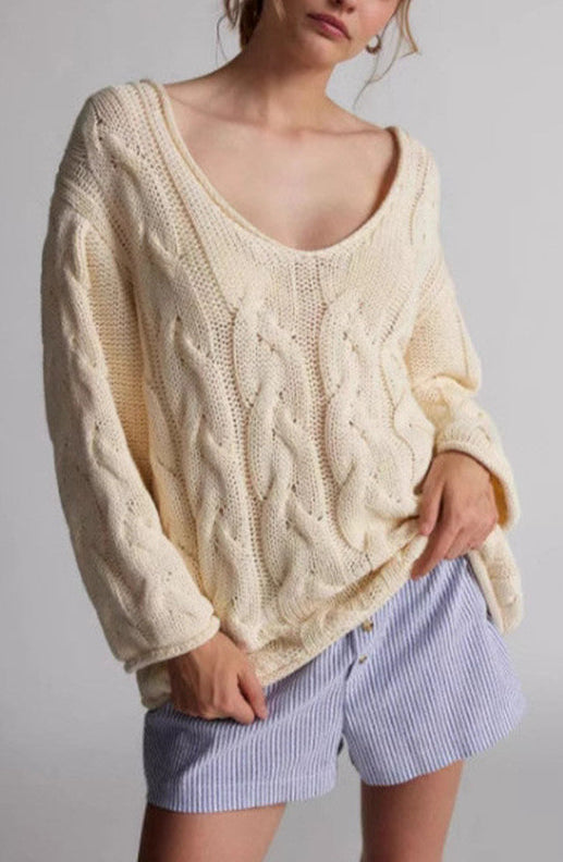 Mia – Cream Oversized Cable-Knit V-Neck cardigan
