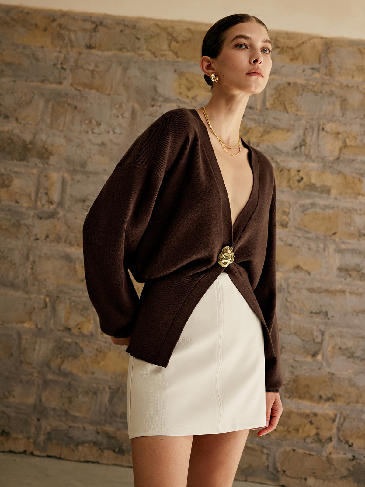 Golden Button Plain Cardigan Woman