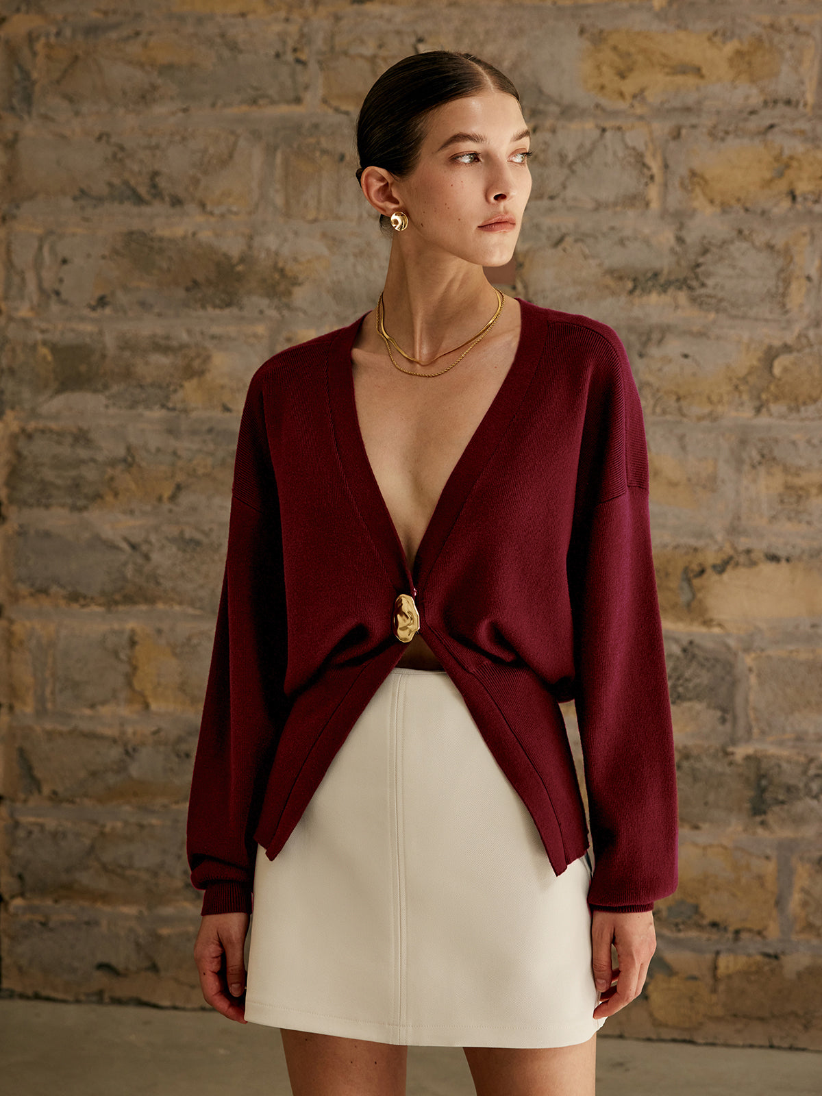 Golden Button Plain Cardigan Woman