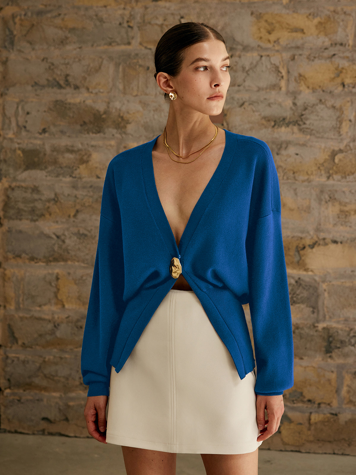 Golden Button Plain Cardigan Woman