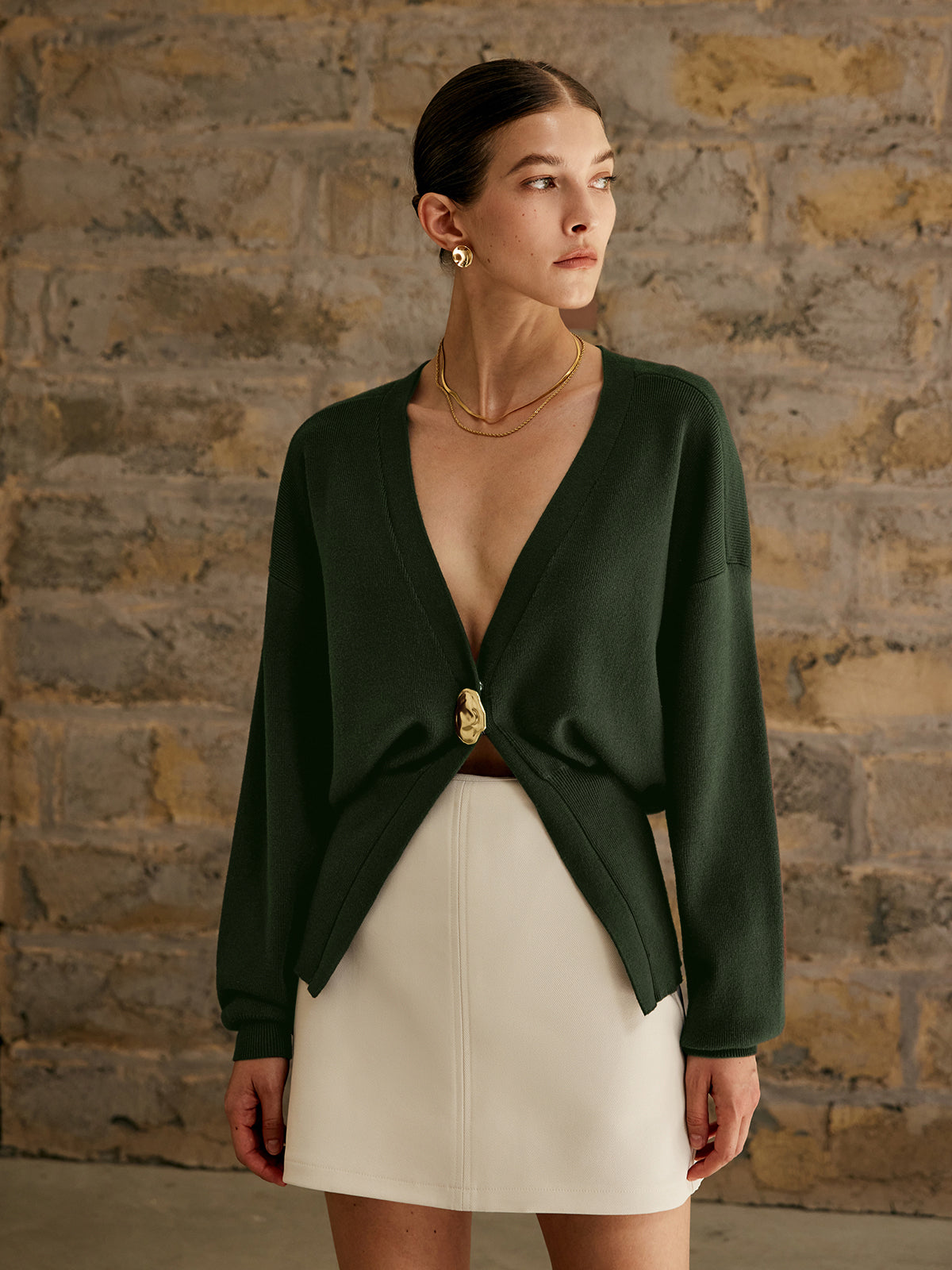 Golden Button Plain Cardigan Woman