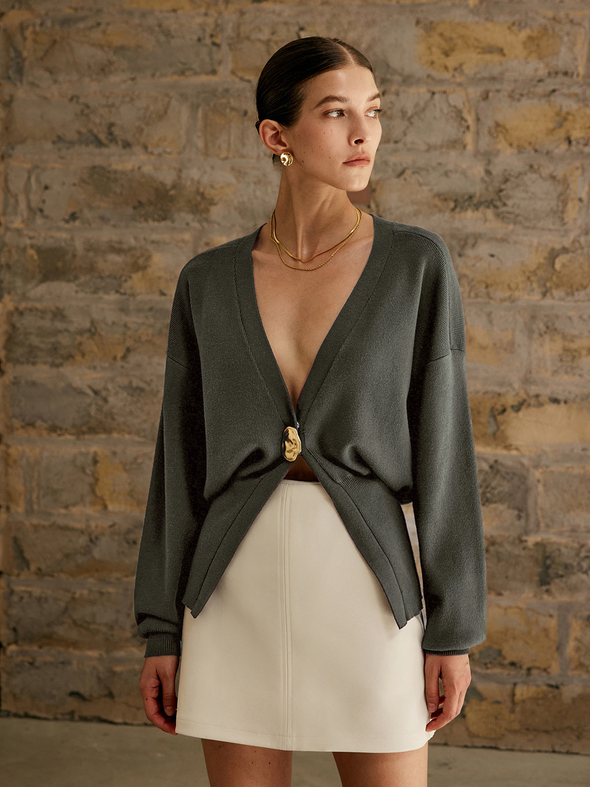 Golden Button Plain Cardigan Woman