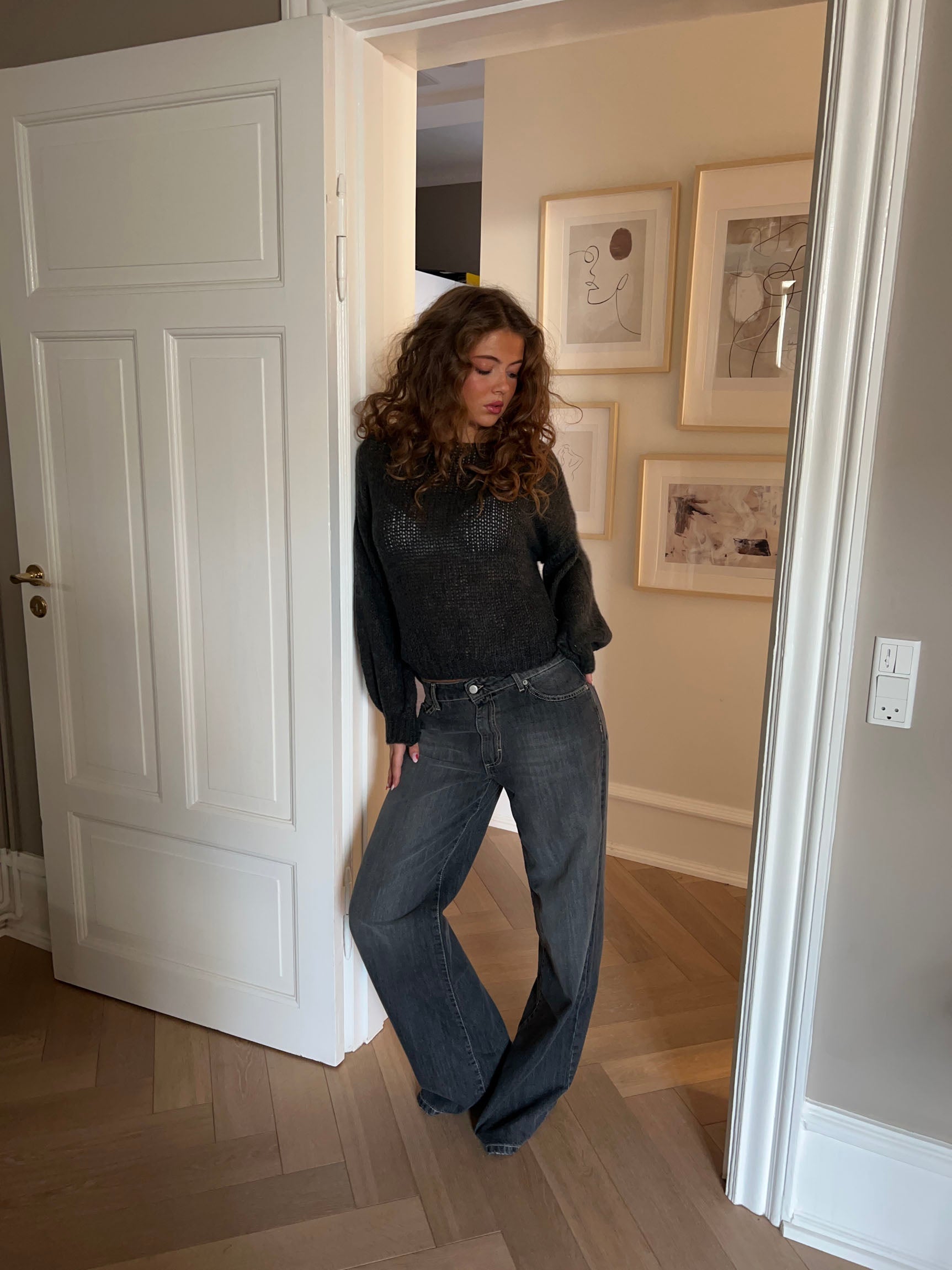 Eva – Grey Tie‑Back Loose Knit Sweater