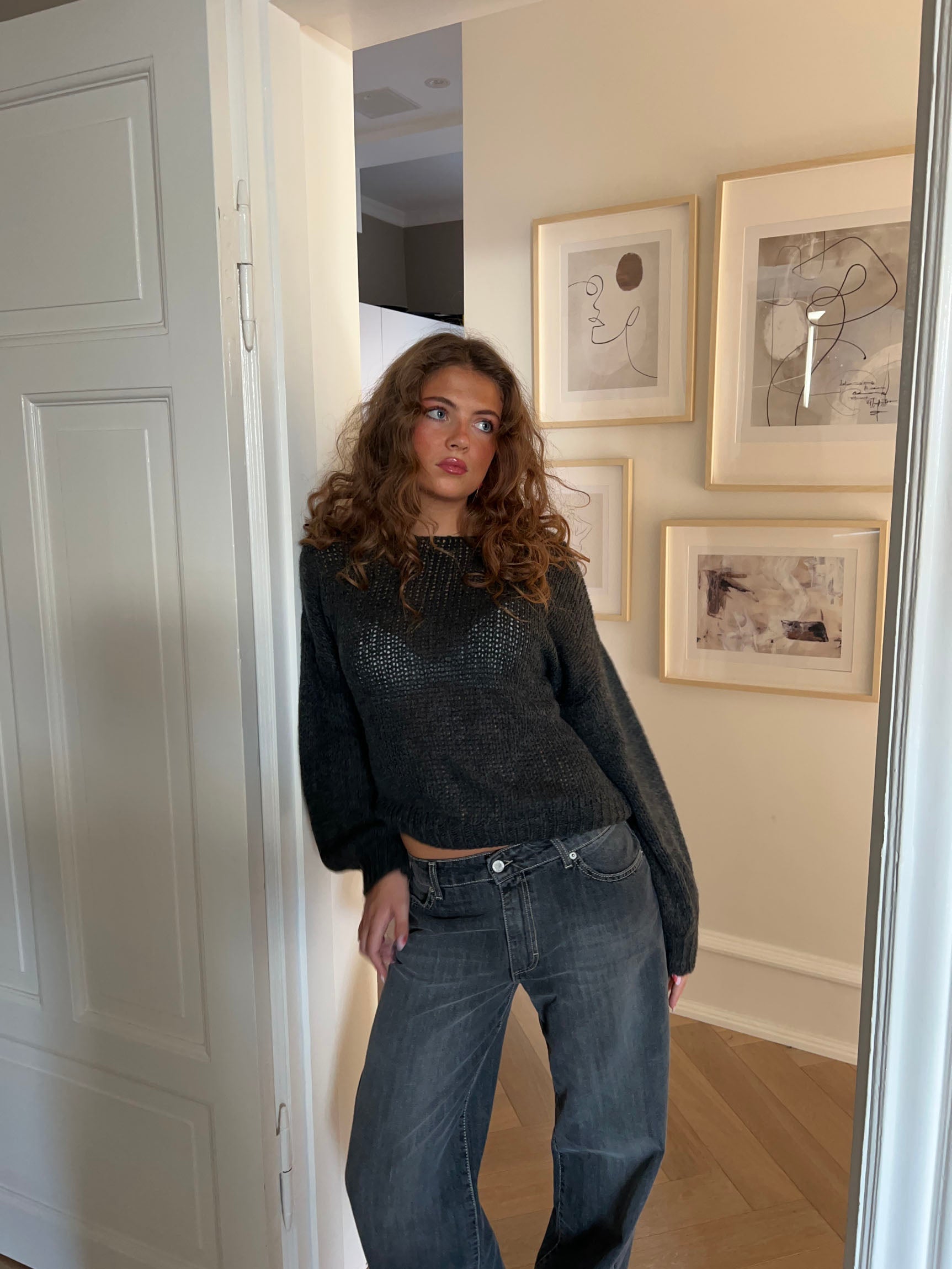 Eva – Grey Tie‑Back Loose Knit Sweater