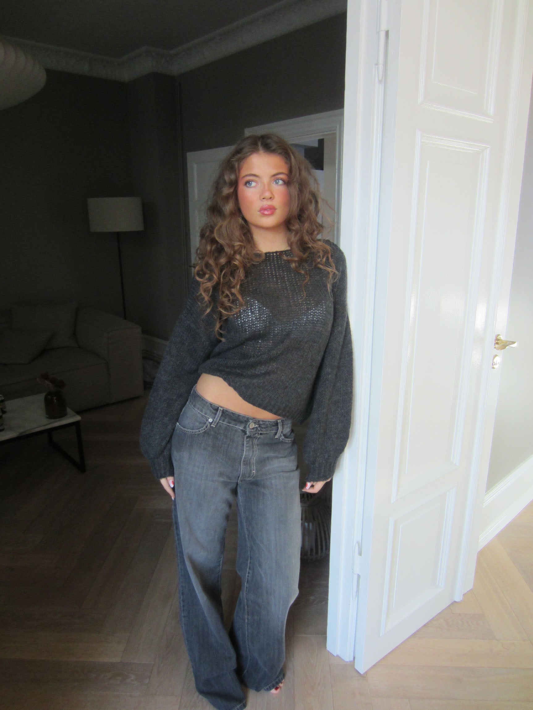 Eva – Grey Tie‑Back Loose Knit Sweater