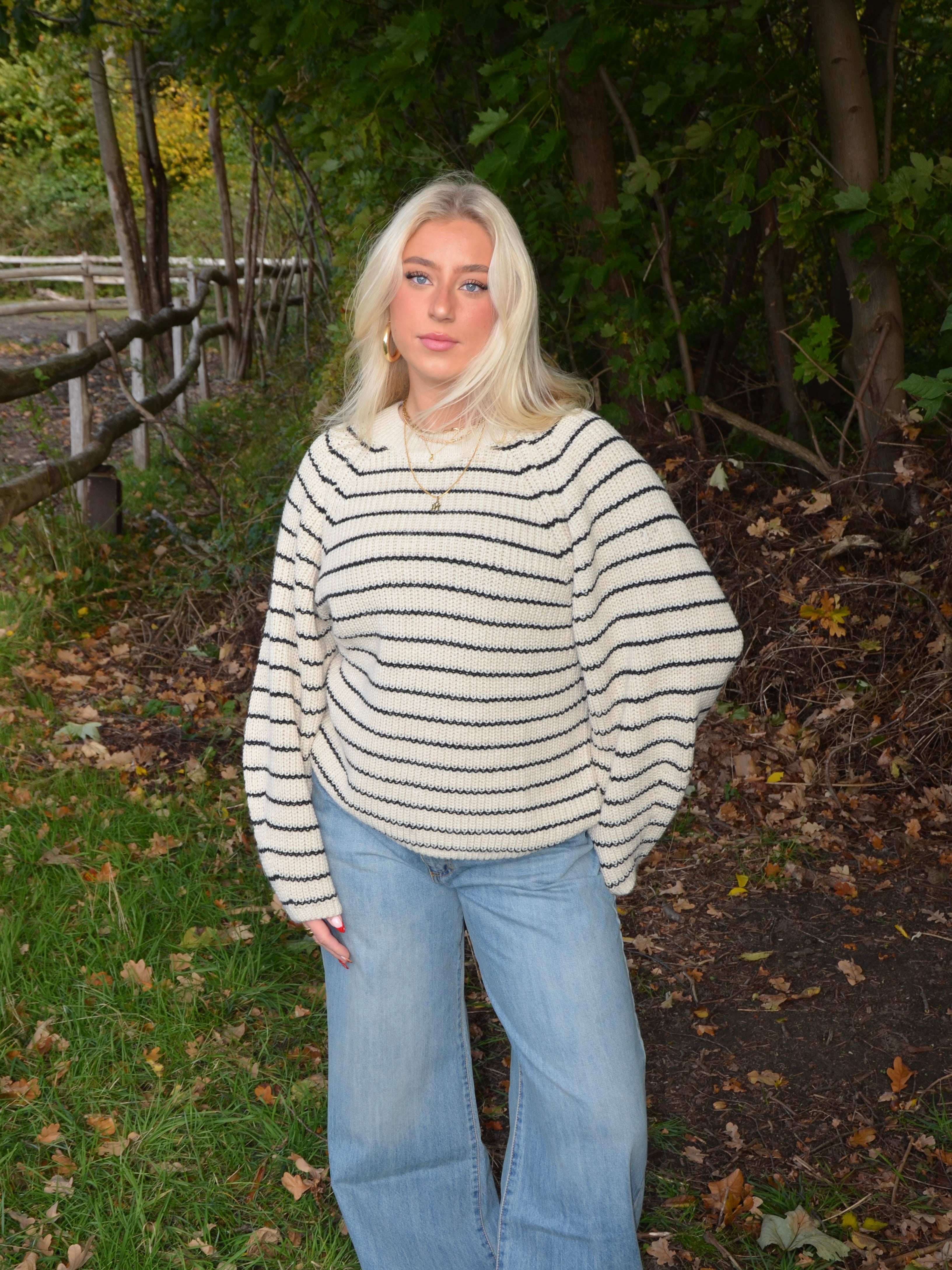 Calva – Beige & Black Striped Knit Winter Sweater