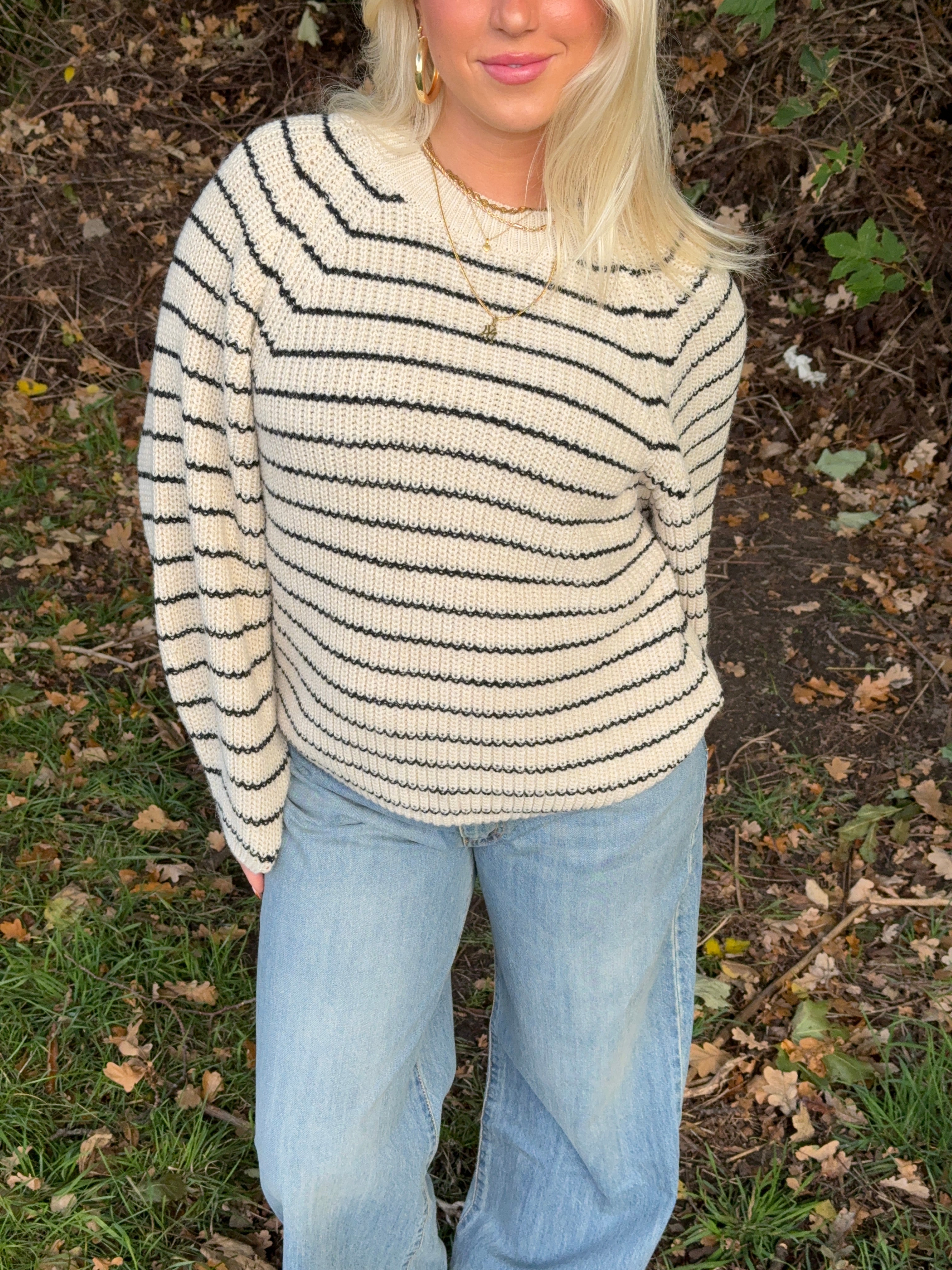 Calva – Beige & Black Striped Knit Winter Sweater