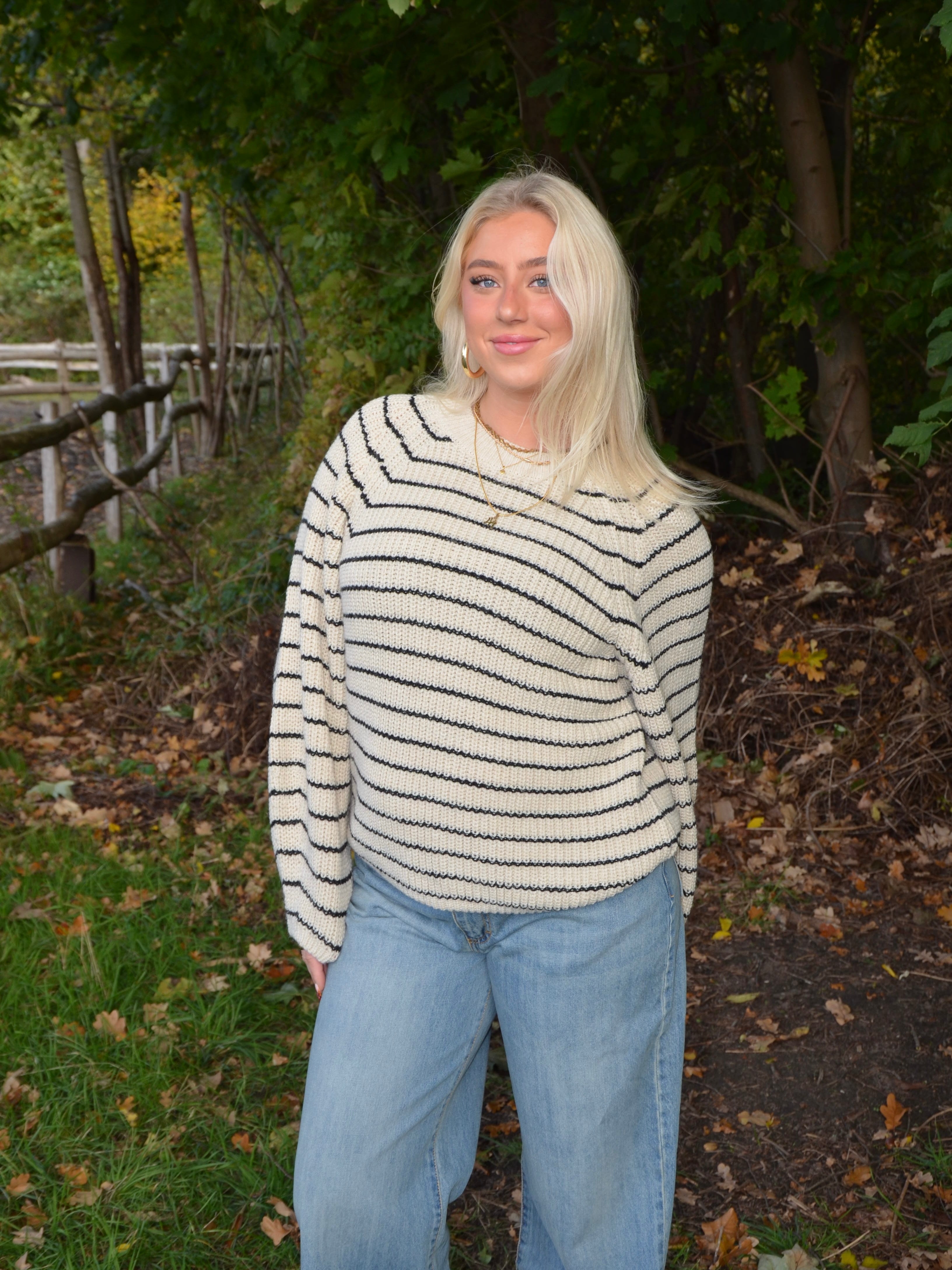 Calva – Beige & Black Striped Knit Winter Sweater