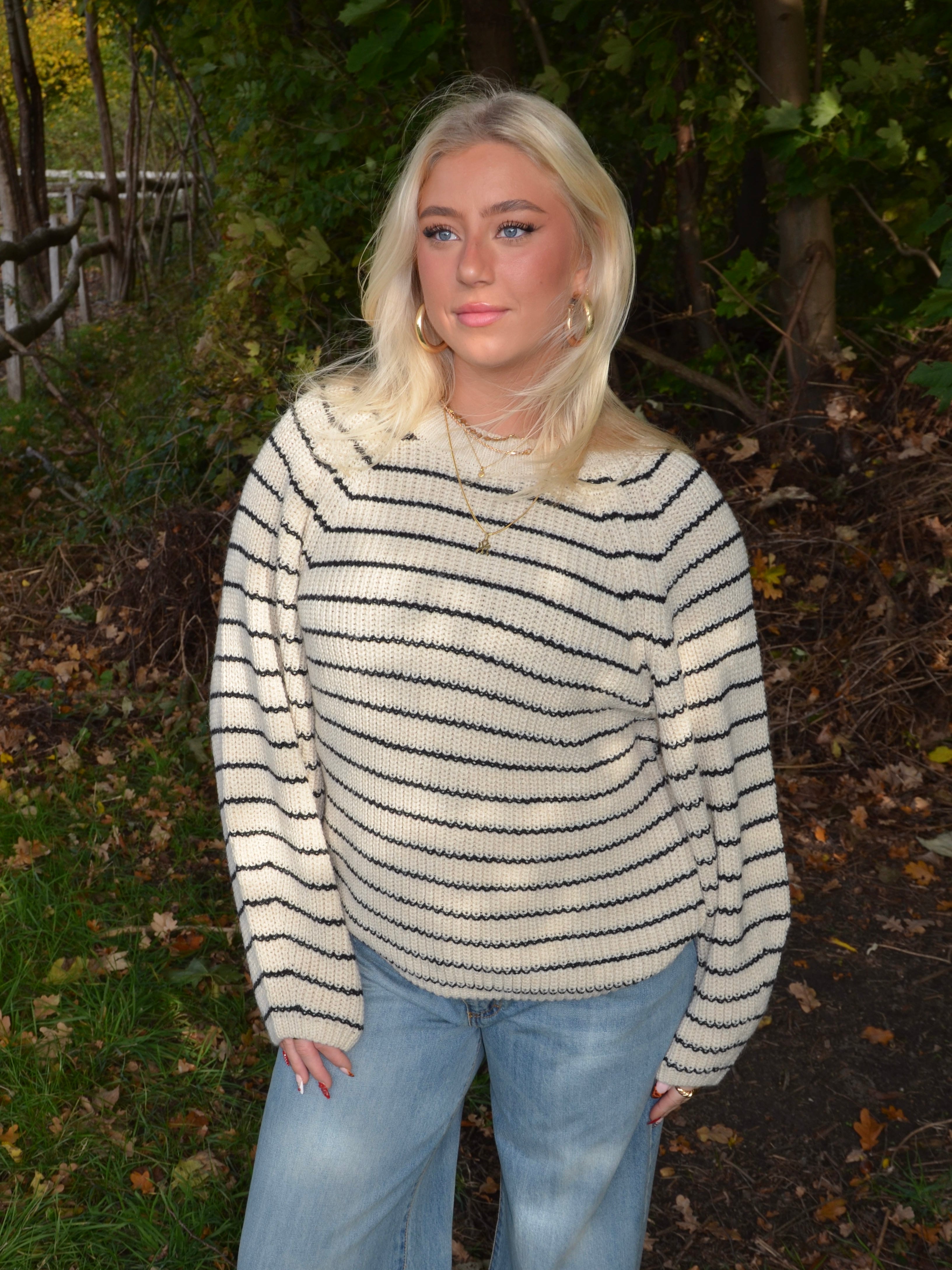 Calva – Beige & Black Striped Knit Winter Sweater
