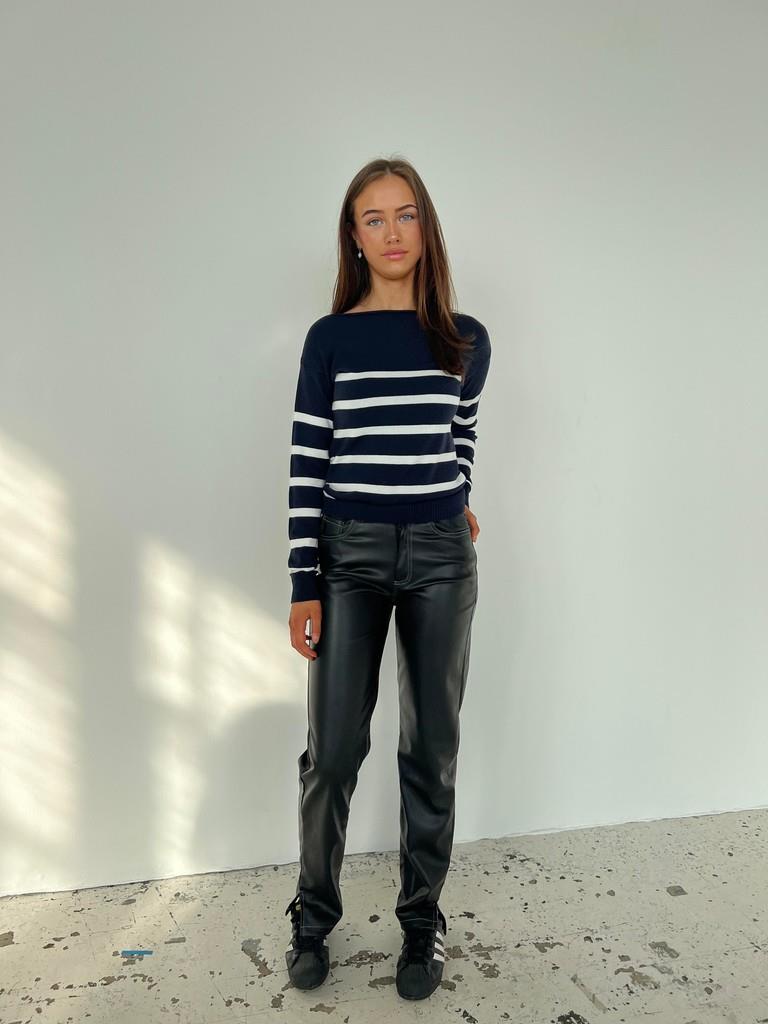 Emmy- Navy & White Striped Knit Sweater – Women’s Round‑Neck Pullover with Long Sleeves