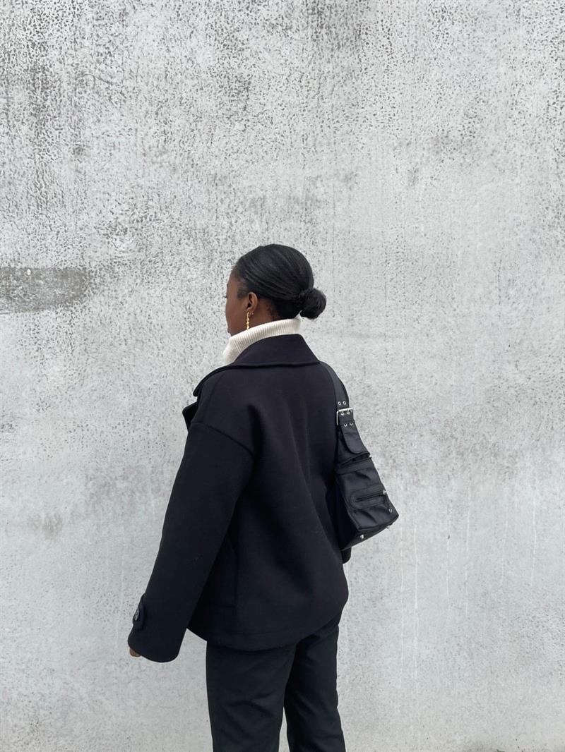 Ginalli - Oversized Black Wool-Look Peacoat