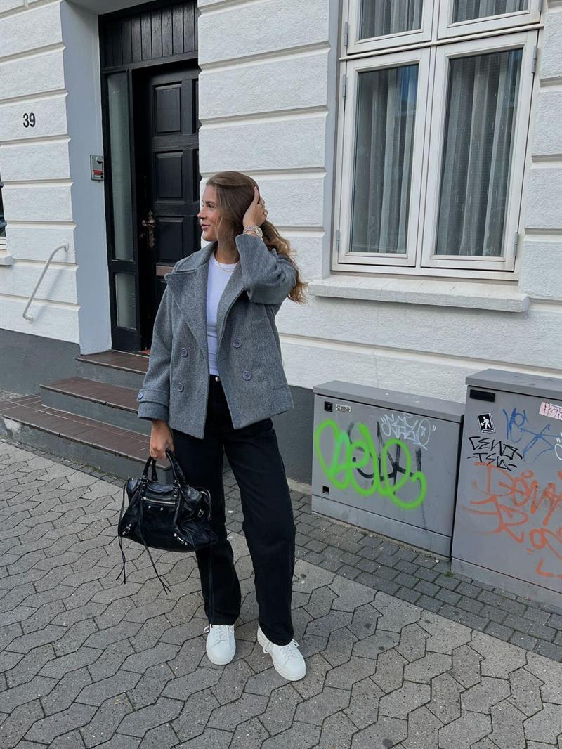 Mila — Cropped Double-Breasted Peacoat Grey