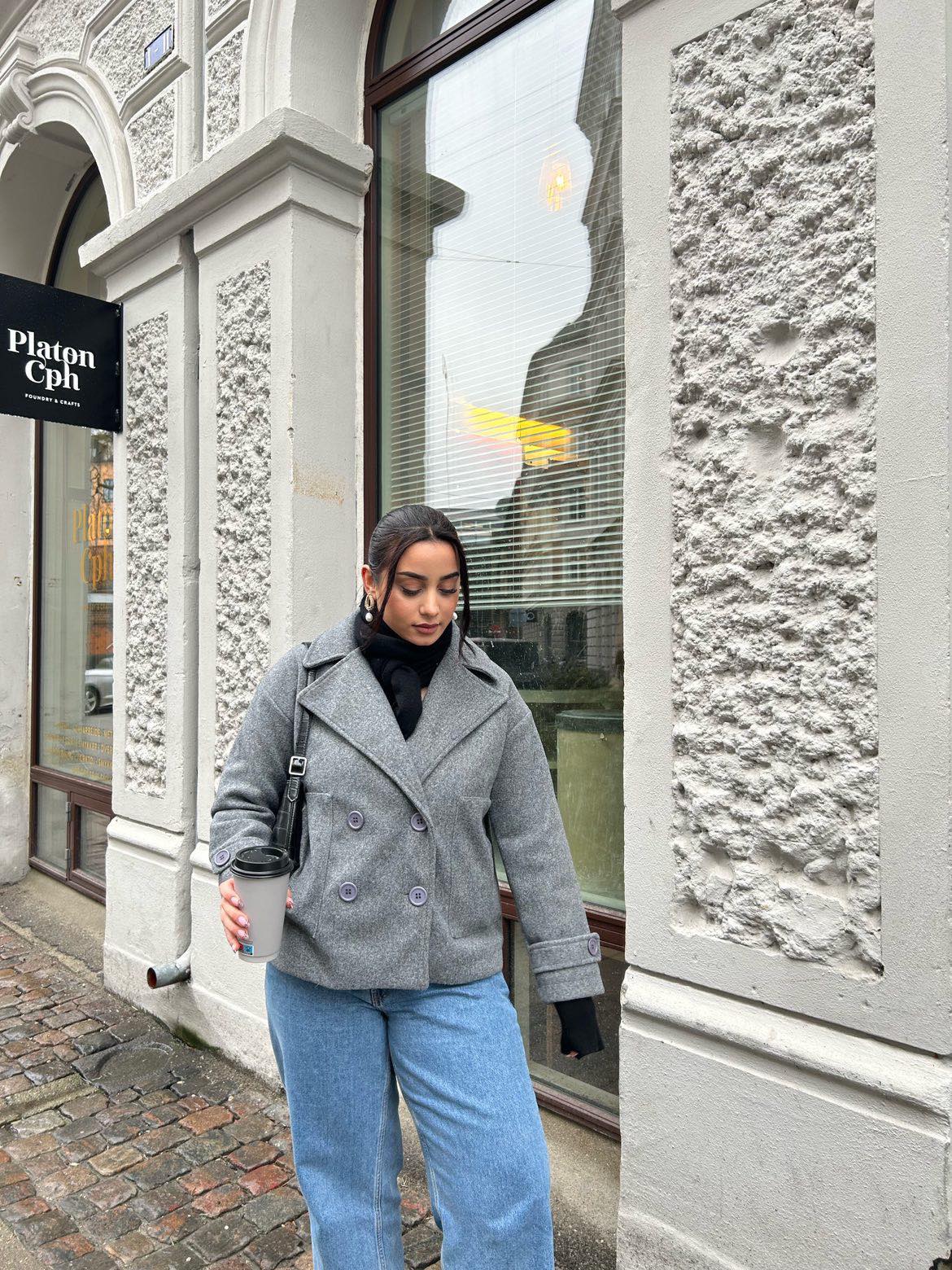 Mila — Cropped Double-Breasted Peacoat Grey