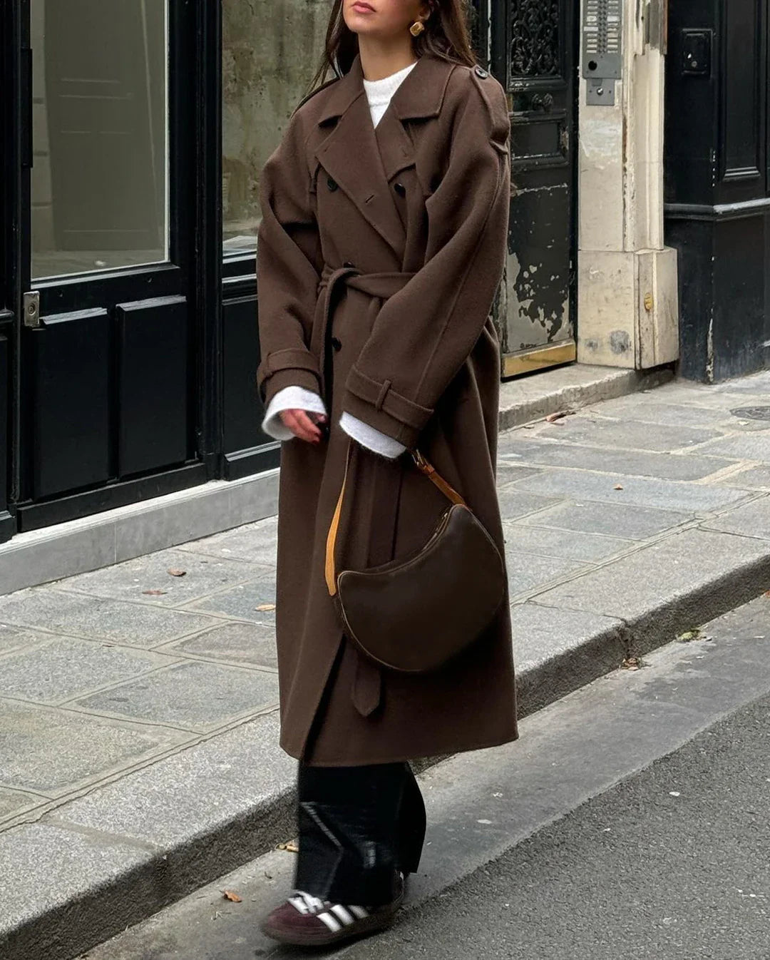 Luxurious Brown Wool Trench Coat with Belt for Women