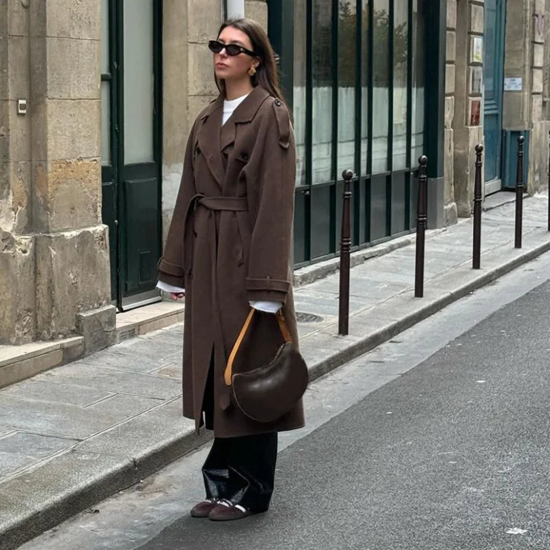 Luxurious Brown Wool Trench Coat with Belt for Women