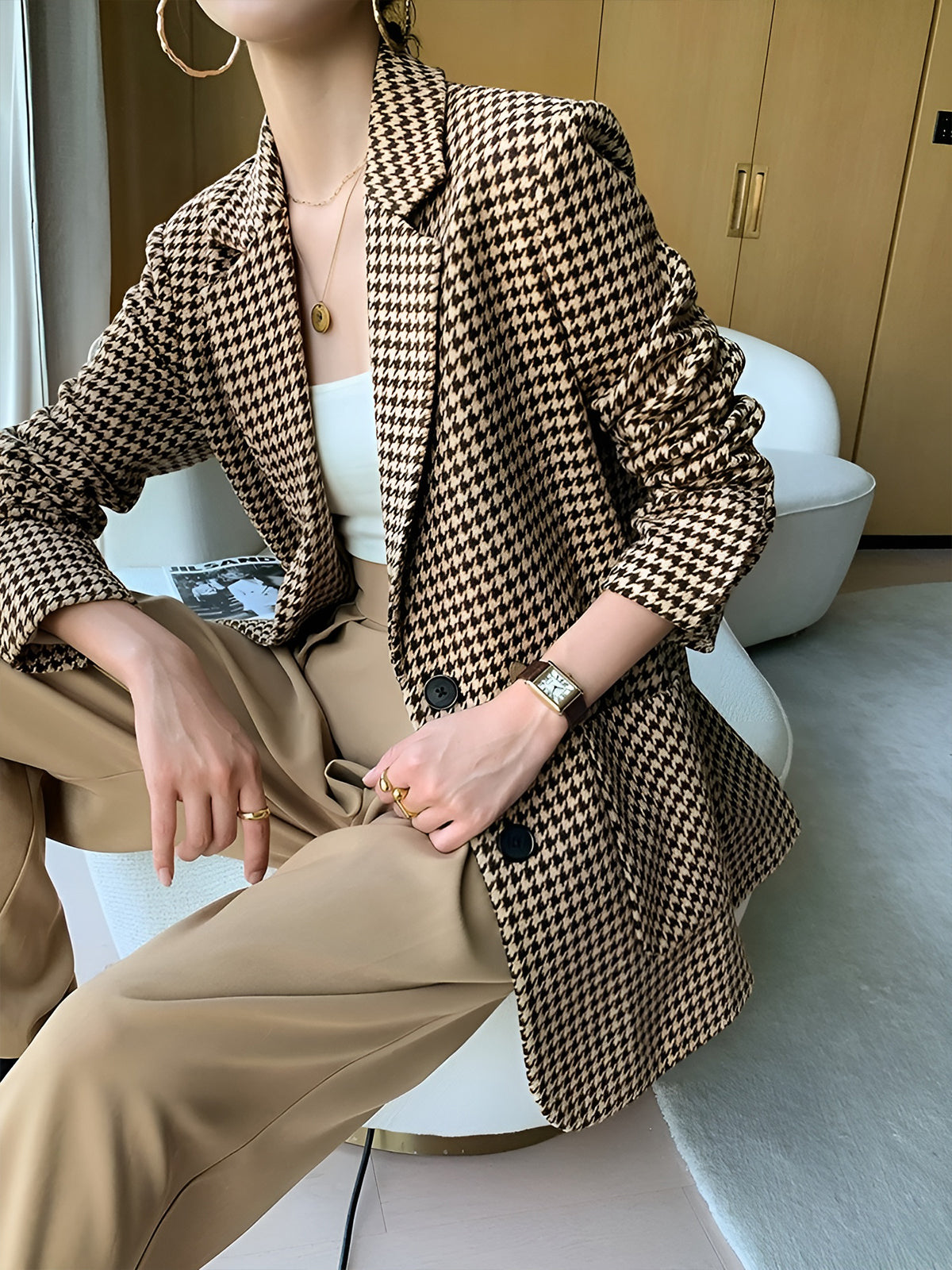 Ava - Houndstooth Waist-Belt Blazer