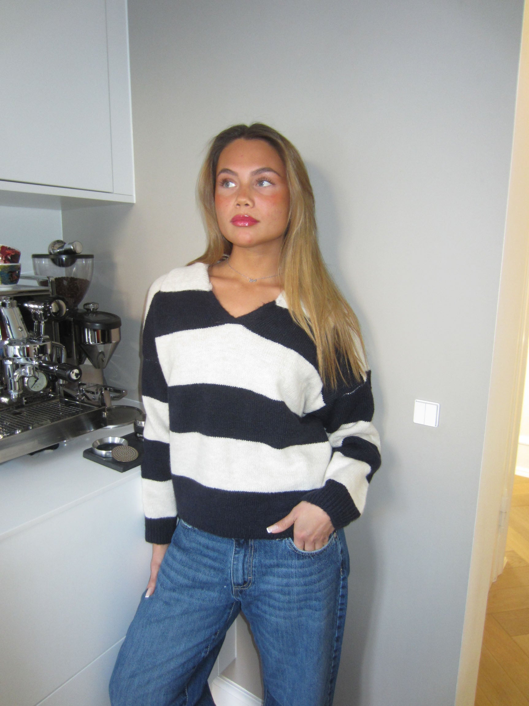Nadia – Navy & White Striped Polo Sweater