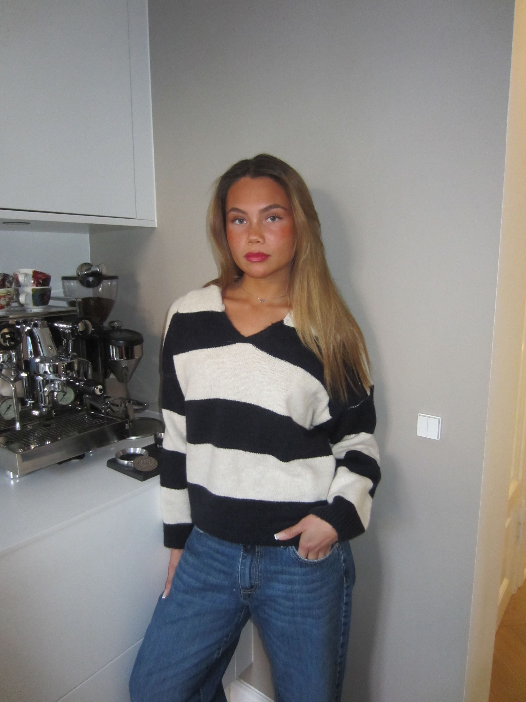 Nadia – Navy & White Striped Polo Sweater