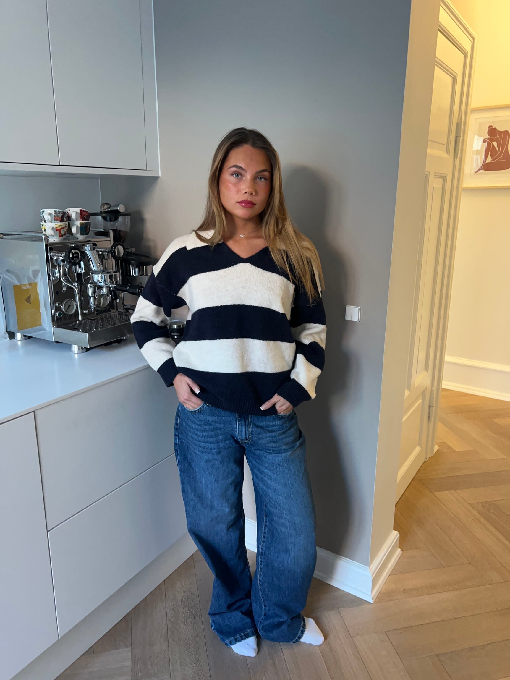 Nadia – Navy & White Striped Polo Sweater
