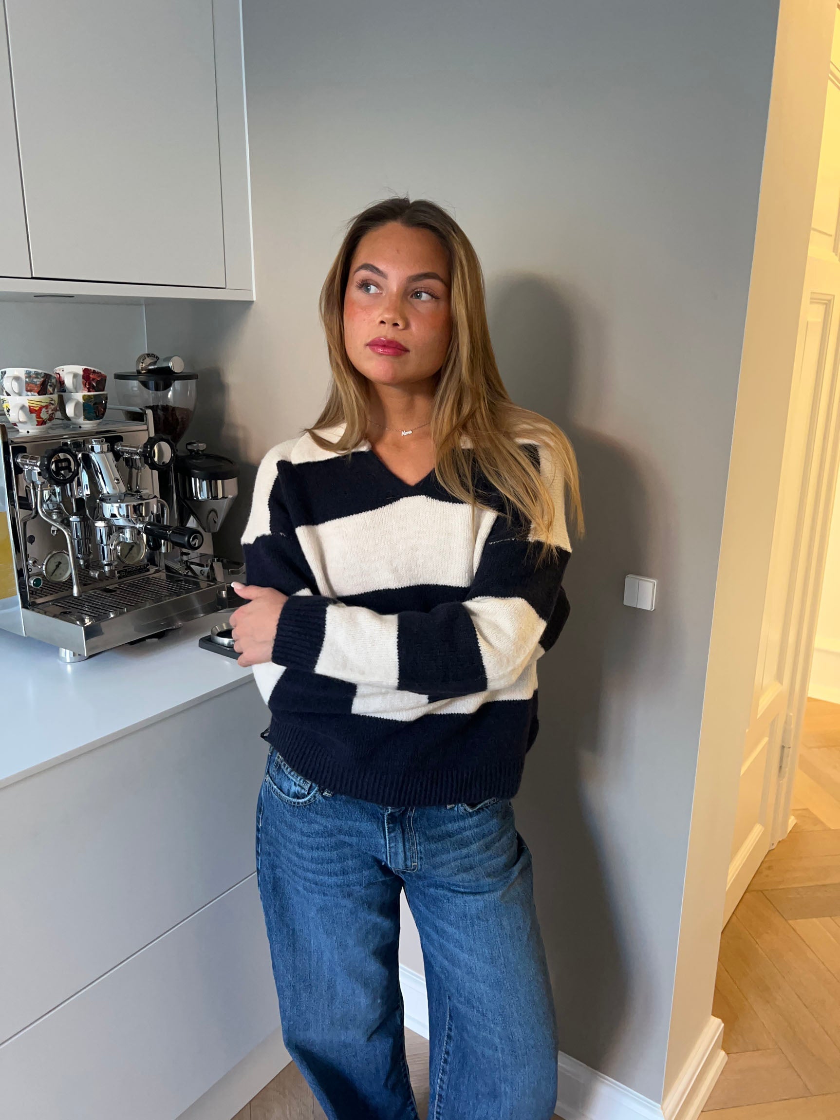 Nadia – Navy & White Striped Polo Sweater