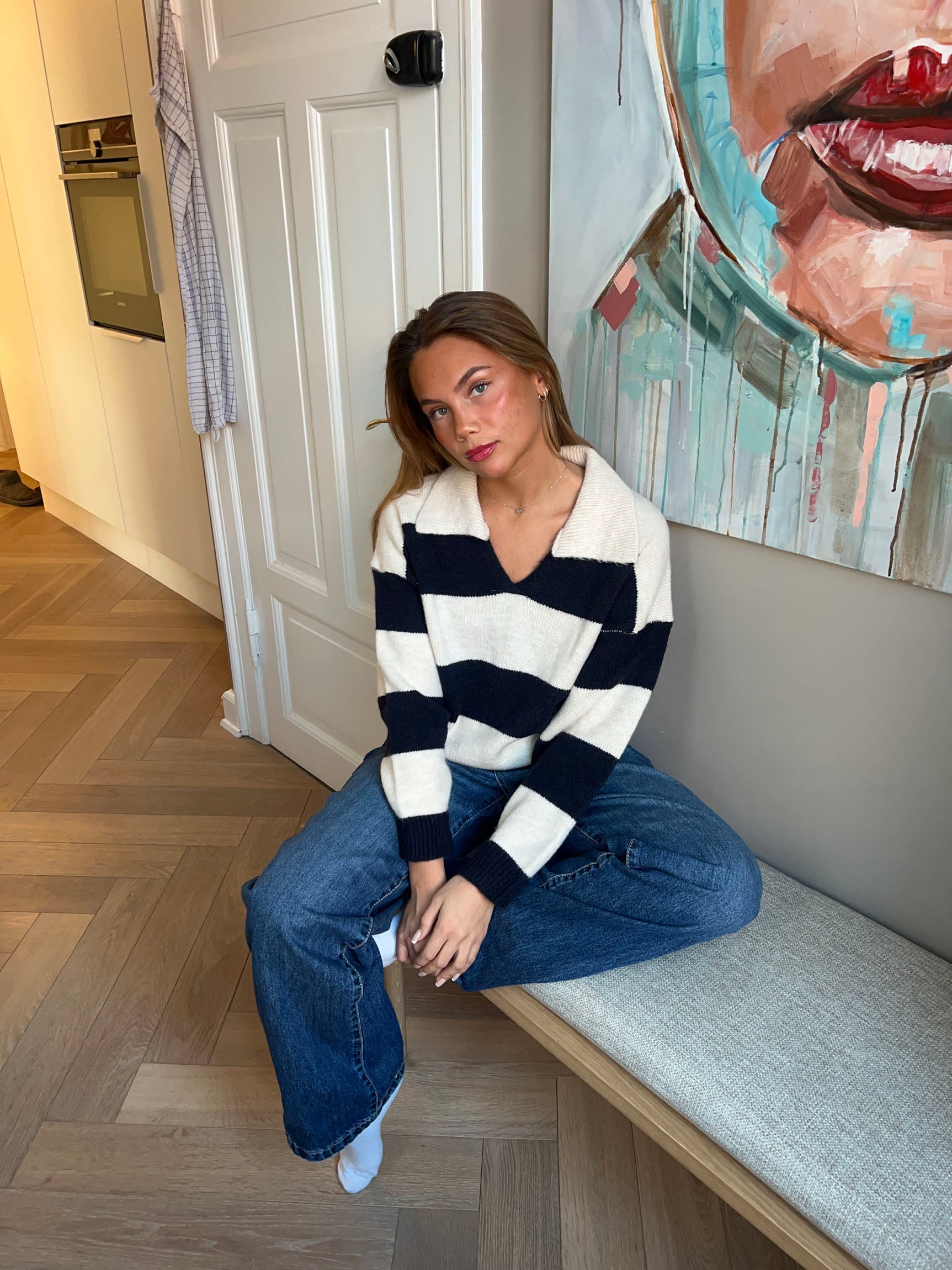 Nadia – Navy & White Striped Polo Sweater
