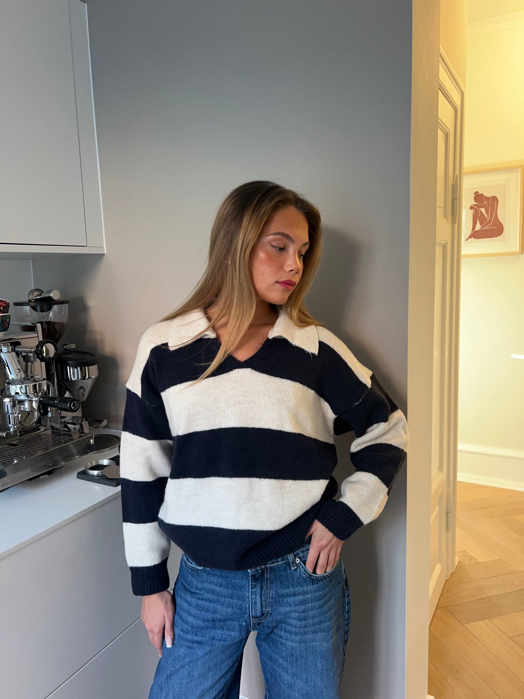 Nadia – Navy & White Striped Polo Sweater