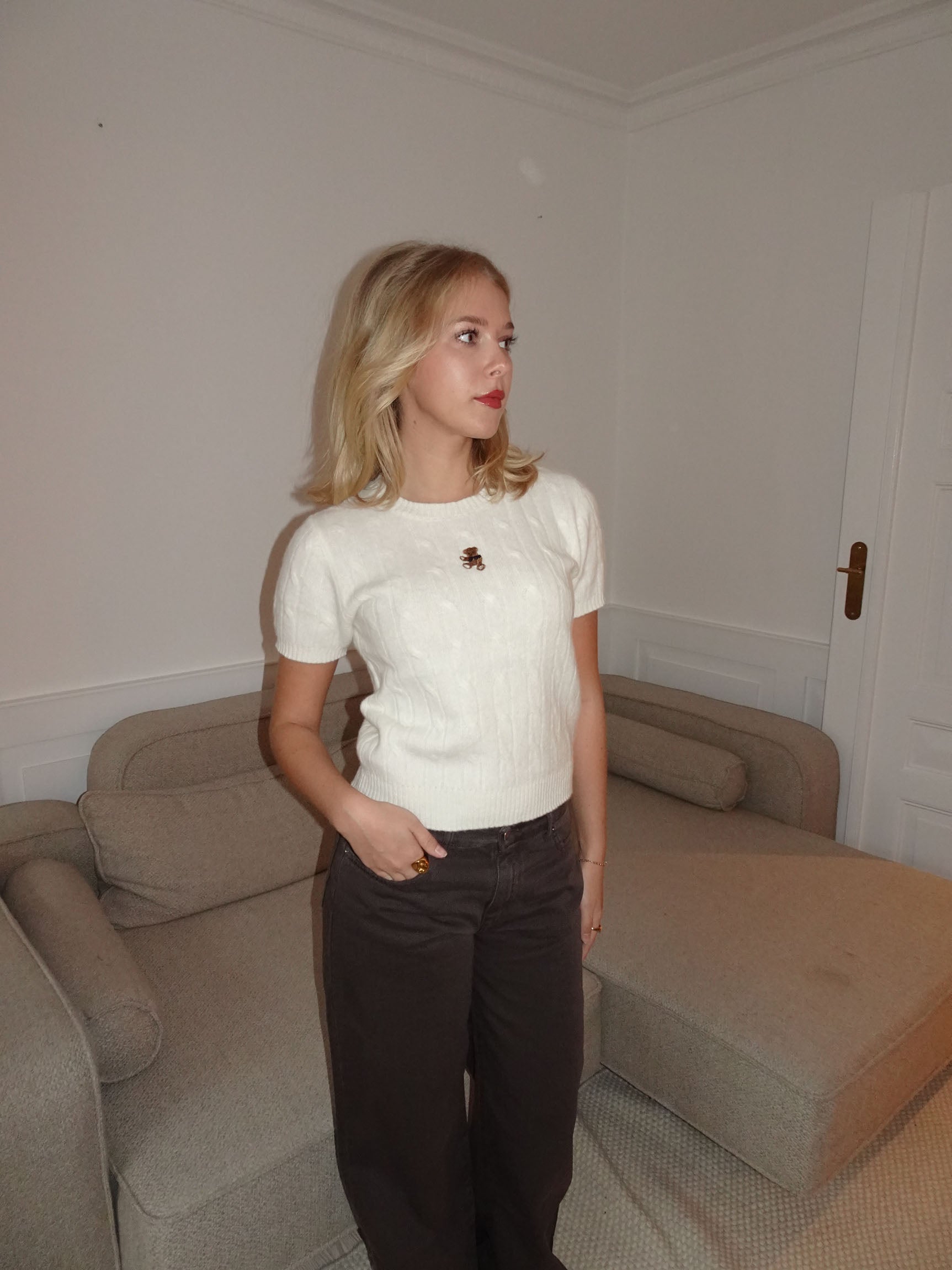 Ivy – White Short Sleeve Cable Knit