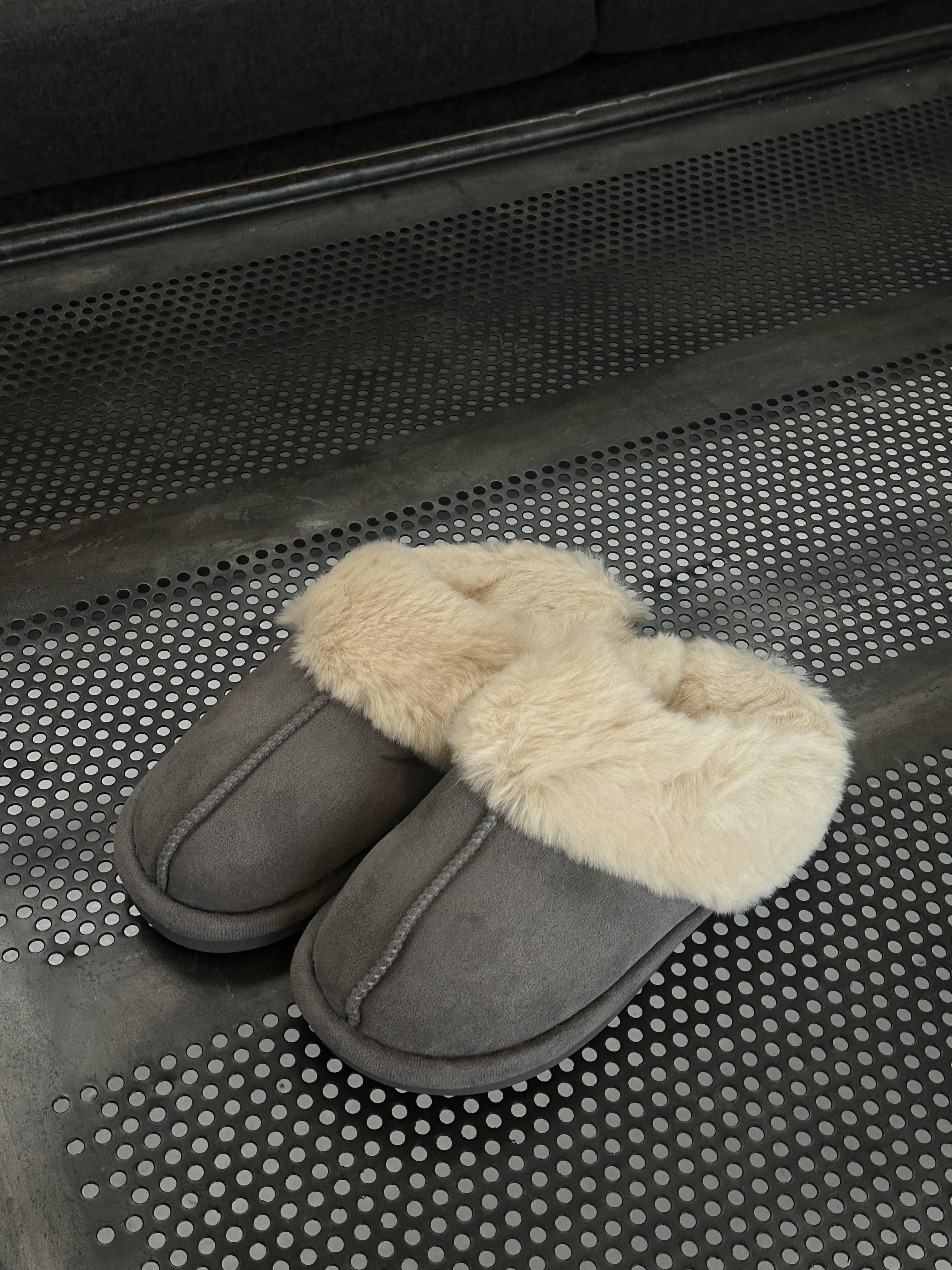 Mira – Grey Fur Lined Home Slippers