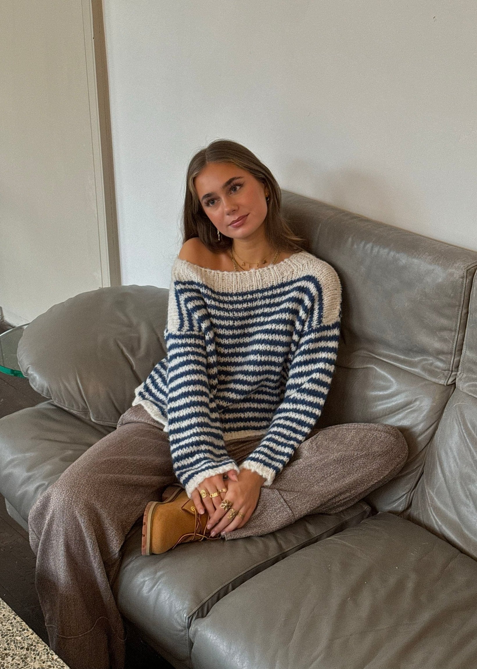 Grace – Navy Striped Retro Off‑Shoulder Sweater