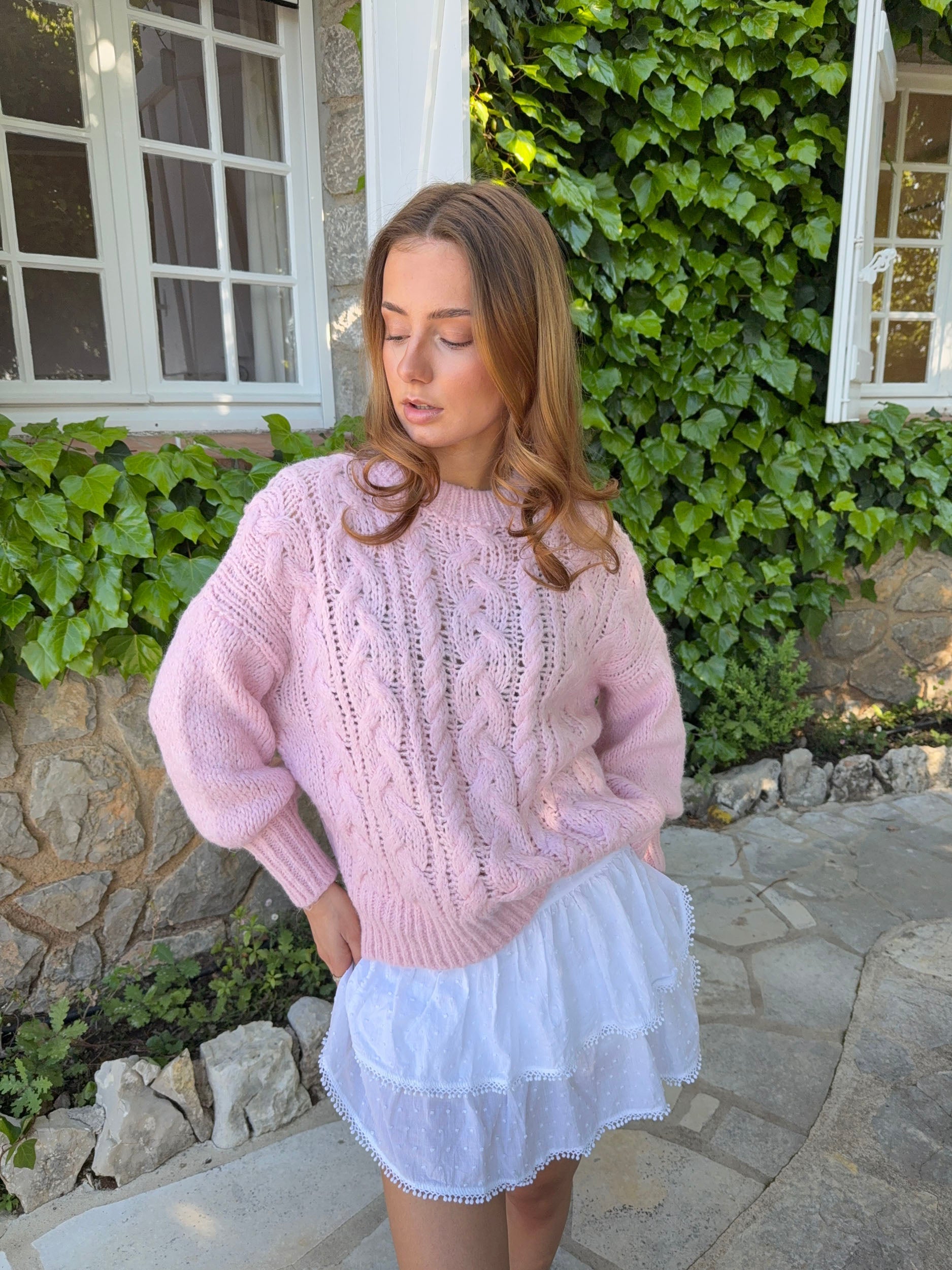 Raffaella – Pink Cable Balloon Sleeve Sweater