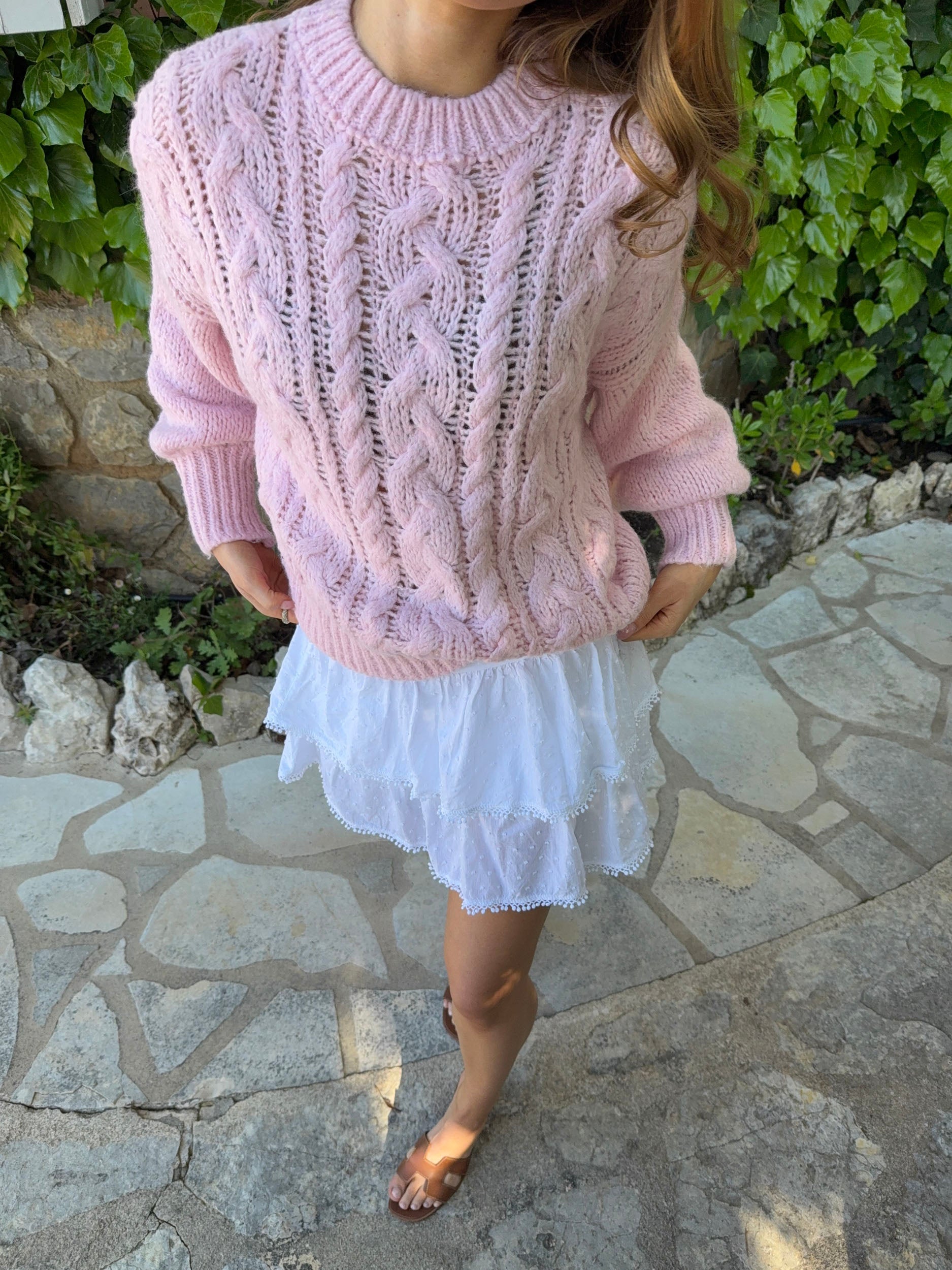 Raffaella – Pink Cable Balloon Sleeve Sweater