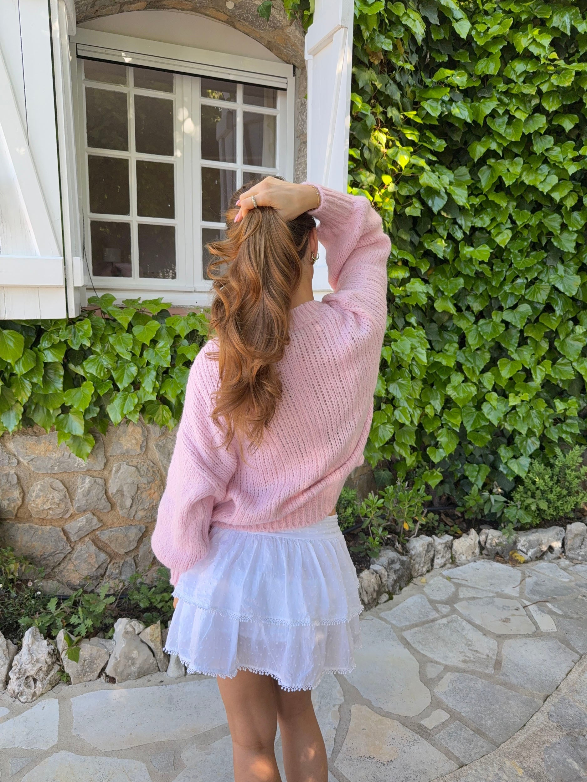 Raffaella – Pink Cable Balloon Sleeve Sweater