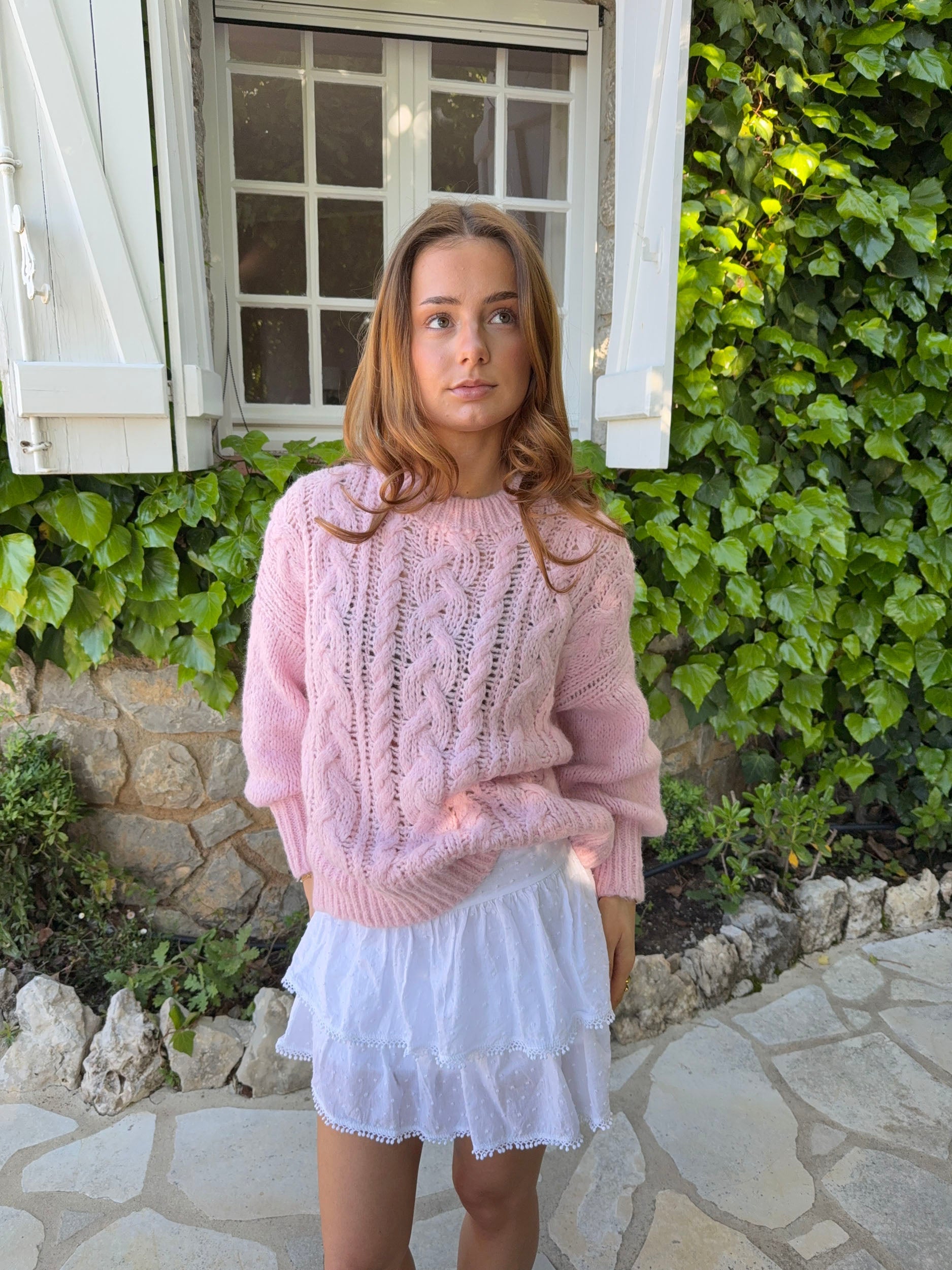 Raffaella – Pink Cable Balloon Sleeve Sweater