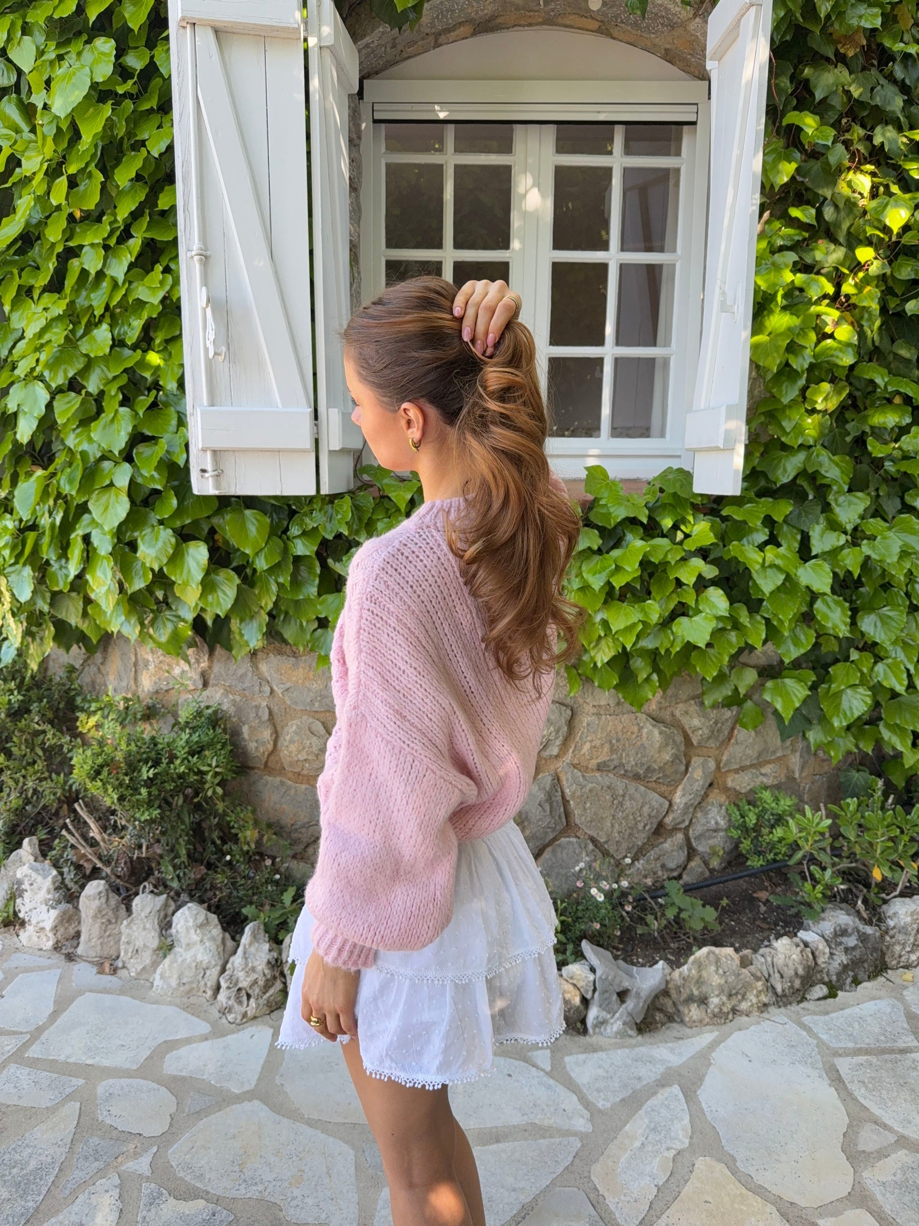 Raffaella – Pink Cable Balloon Sleeve Sweater