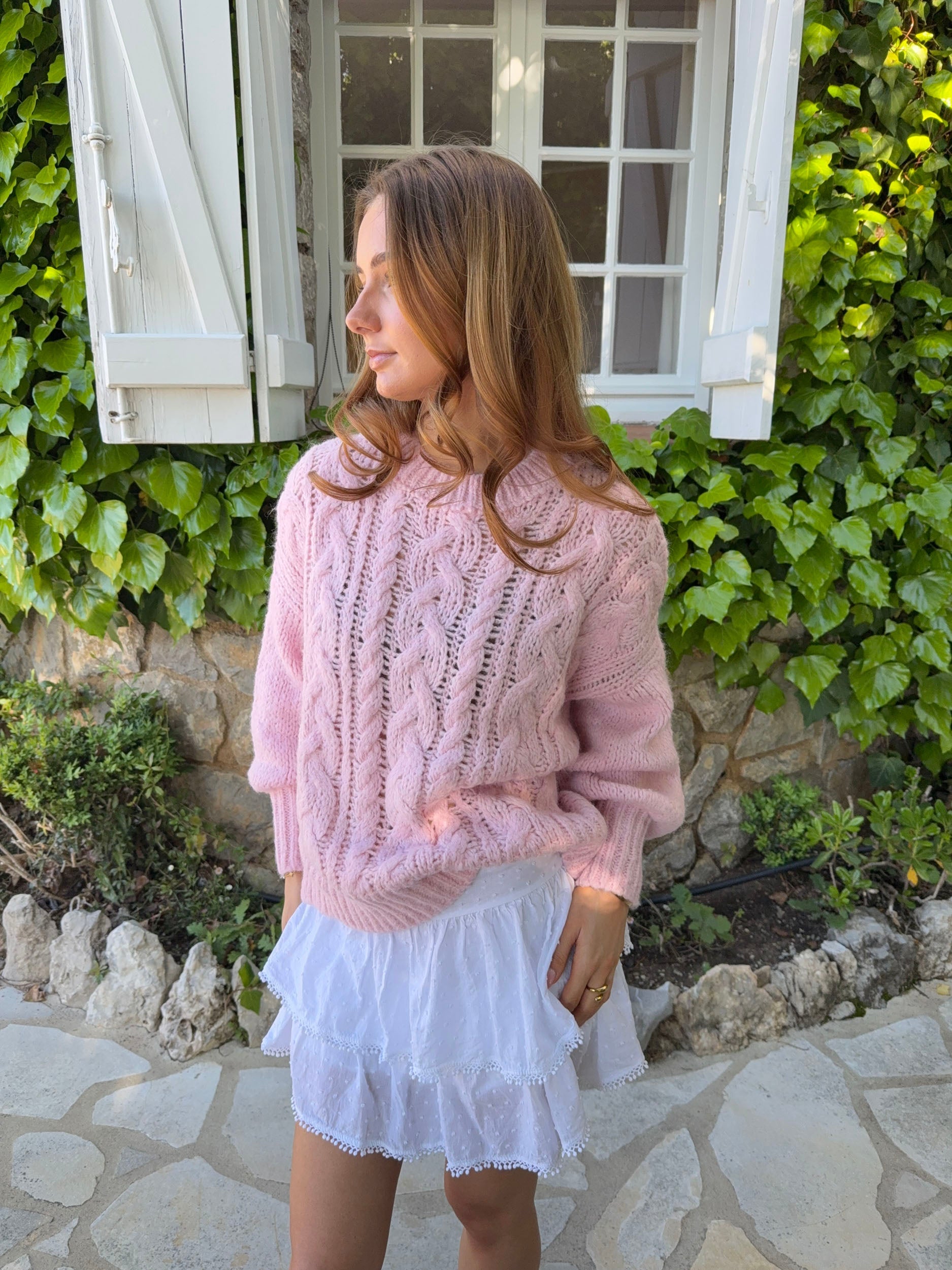 Raffaella – Pink Cable Balloon Sleeve Sweater