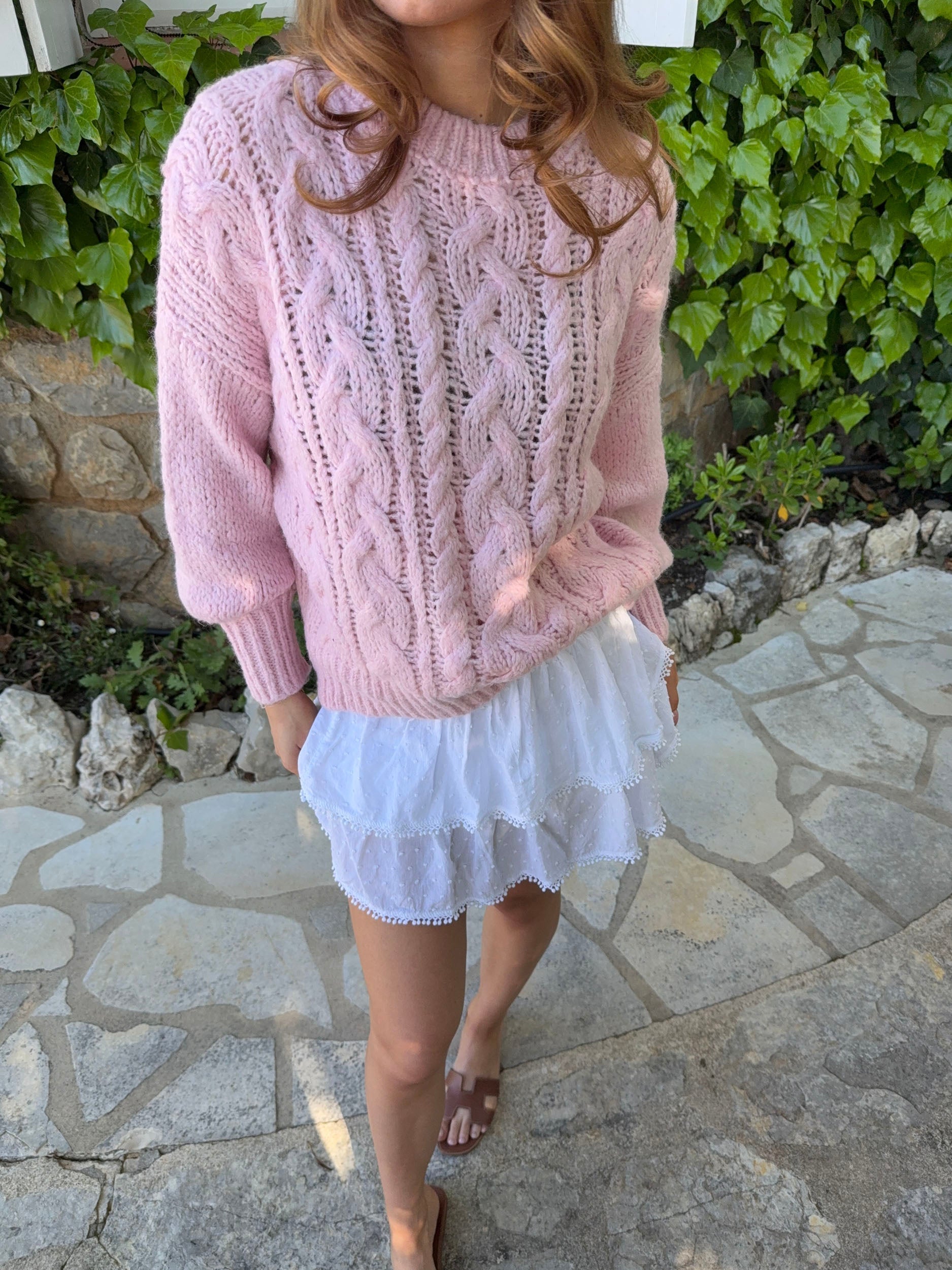 Raffaella – Pink Cable Balloon Sleeve Sweater