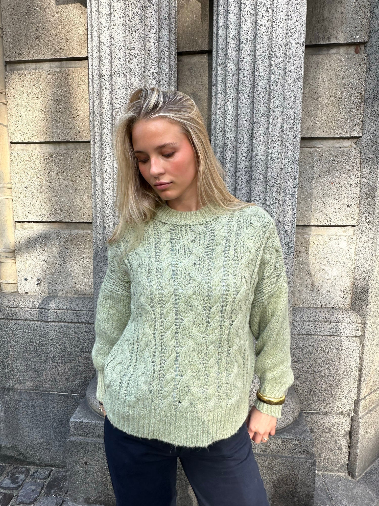 Raffaella – Sage Green Cable Knit Sweater Balloon Sleeves
