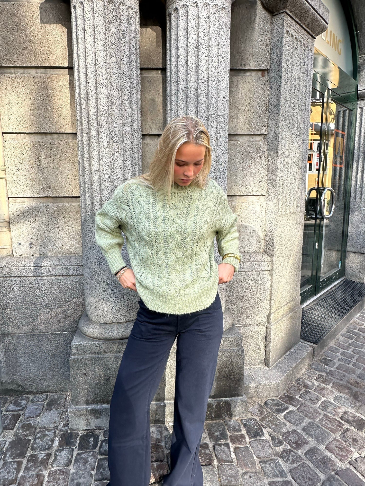Raffaella – Sage Green Cable Knit Sweater Balloon Sleeves