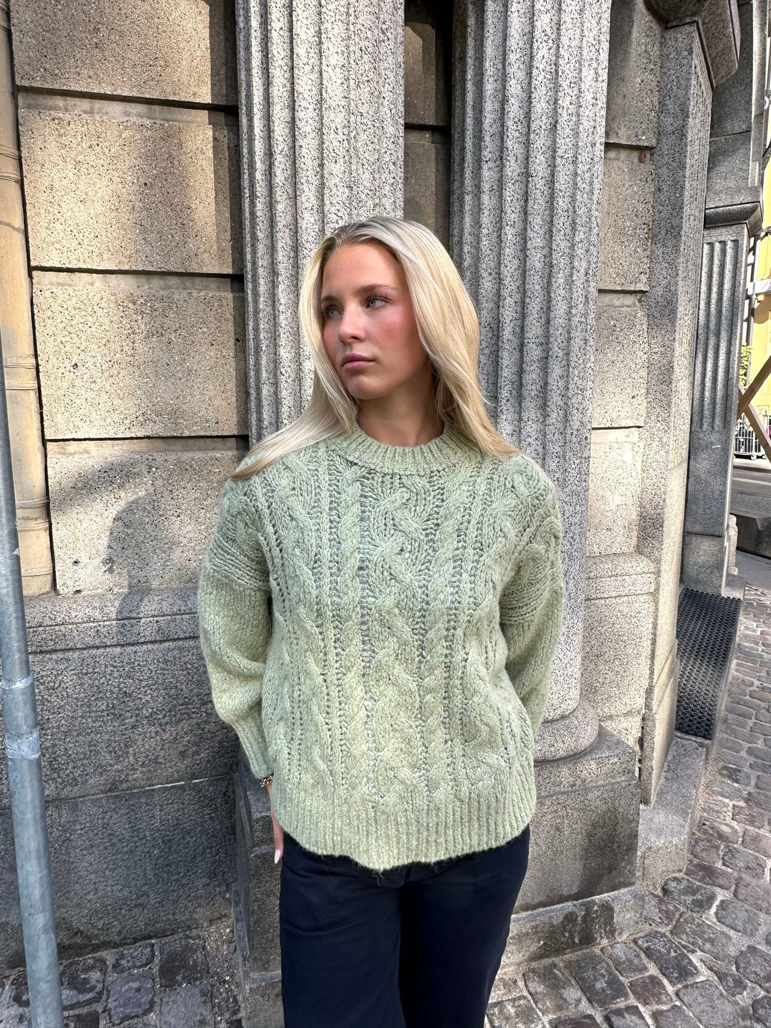 Raffaella – Sage Green Cable Knit Sweater Balloon Sleeves