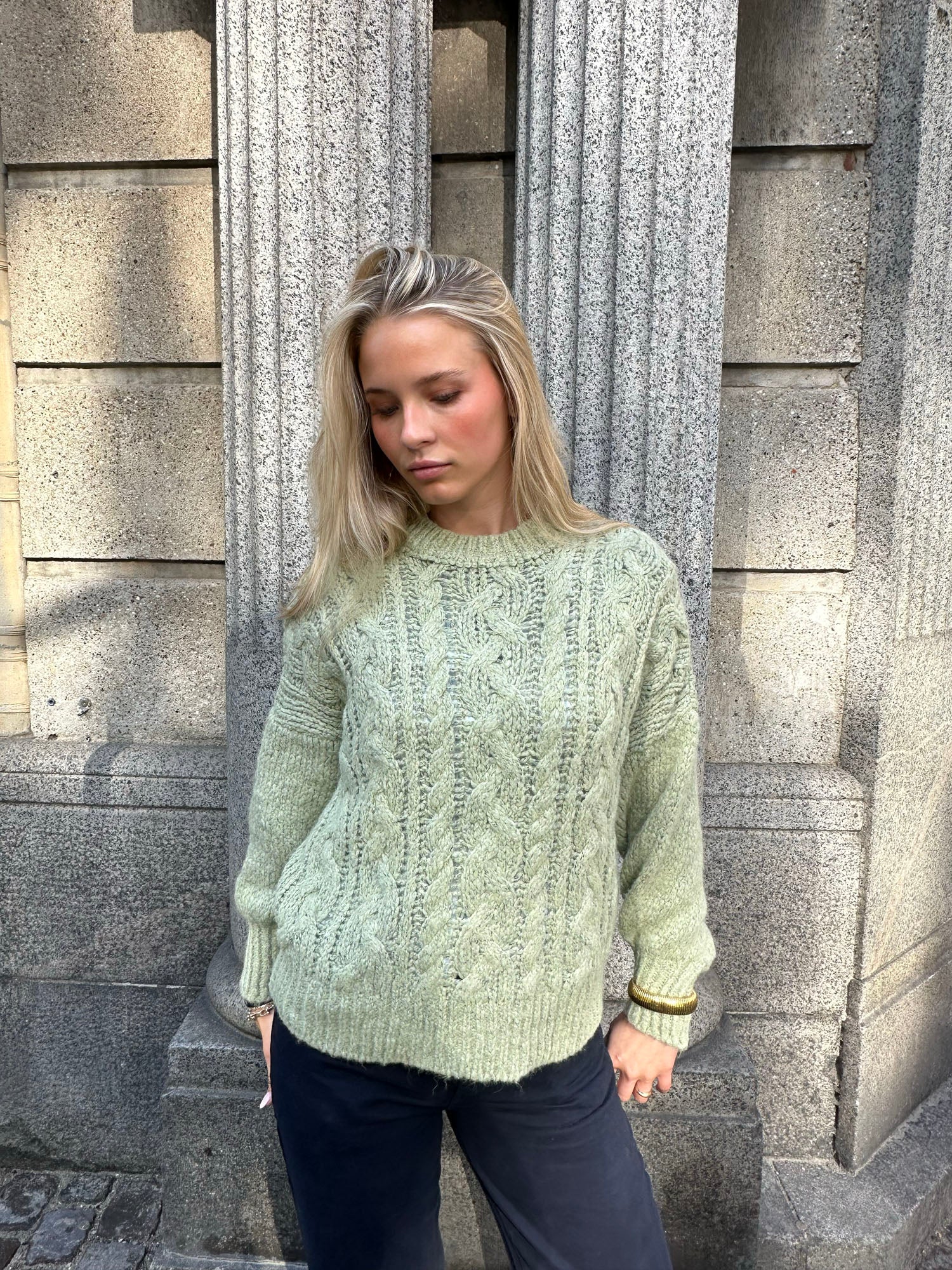 Raffaella – Sage Green Cable Knit Sweater Balloon Sleeves
