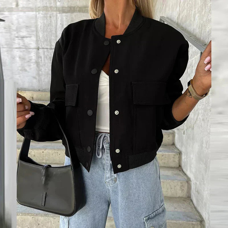 Women's Bomber Jacket - Button Closure with Flap Pockets