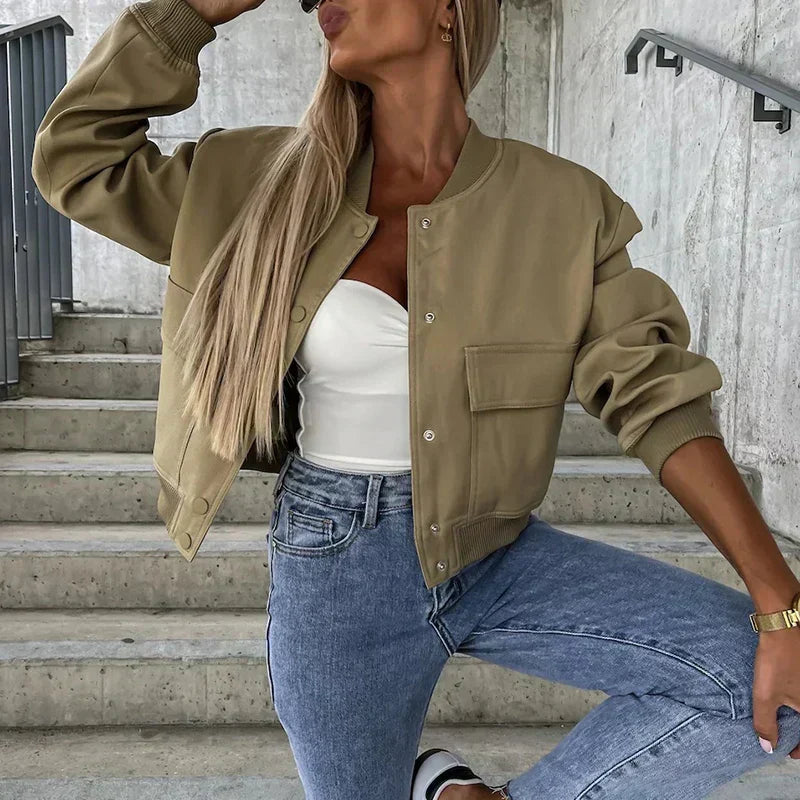 Women's Bomber Jacket - Button Closure with Flap Pockets