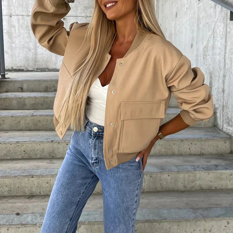 Women's Bomber Jacket - Button Closure with Flap Pockets