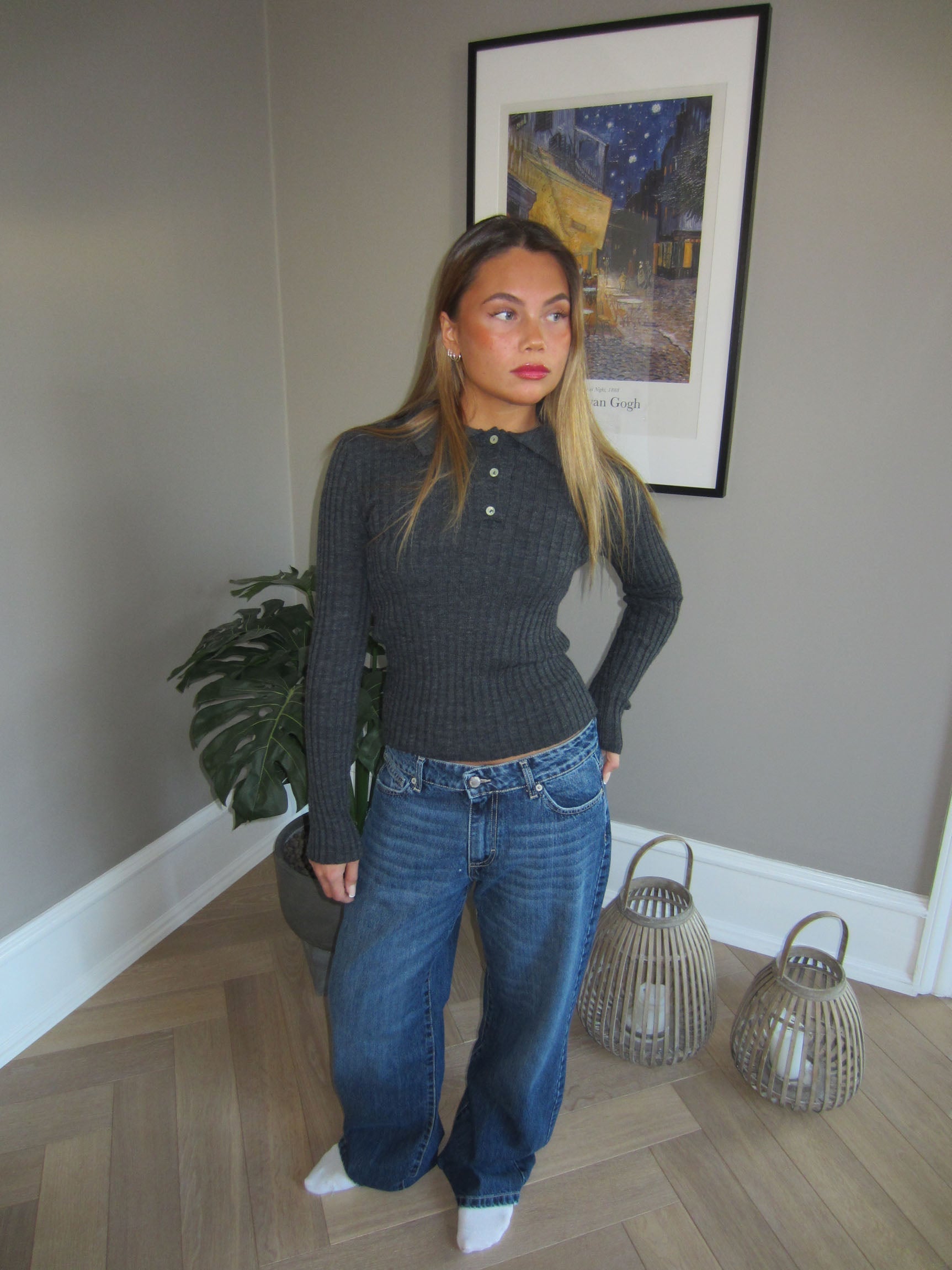 Nora – Grey Ribbed Knit Polo