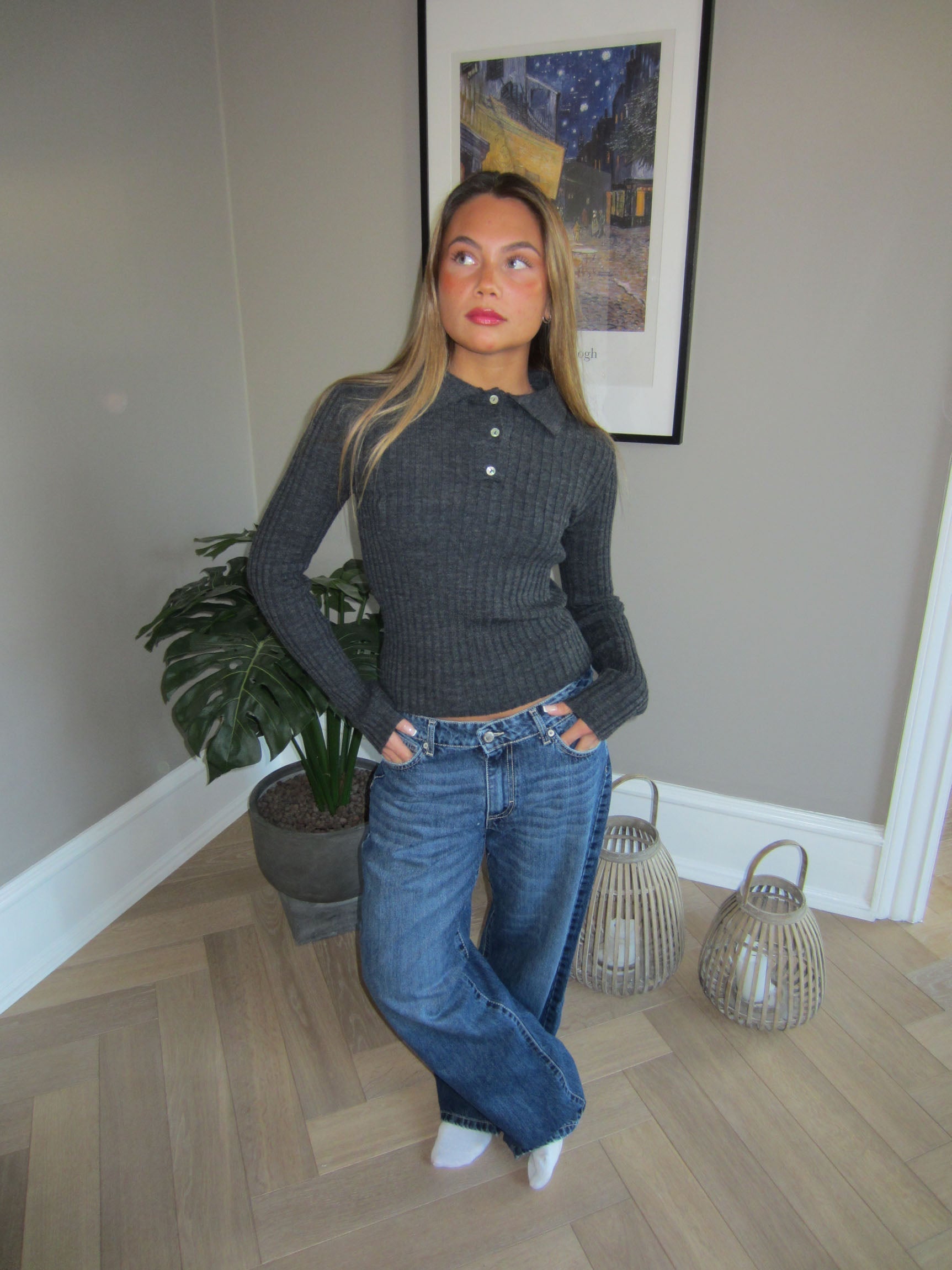 Nora – Grey Ribbed Knit Polo