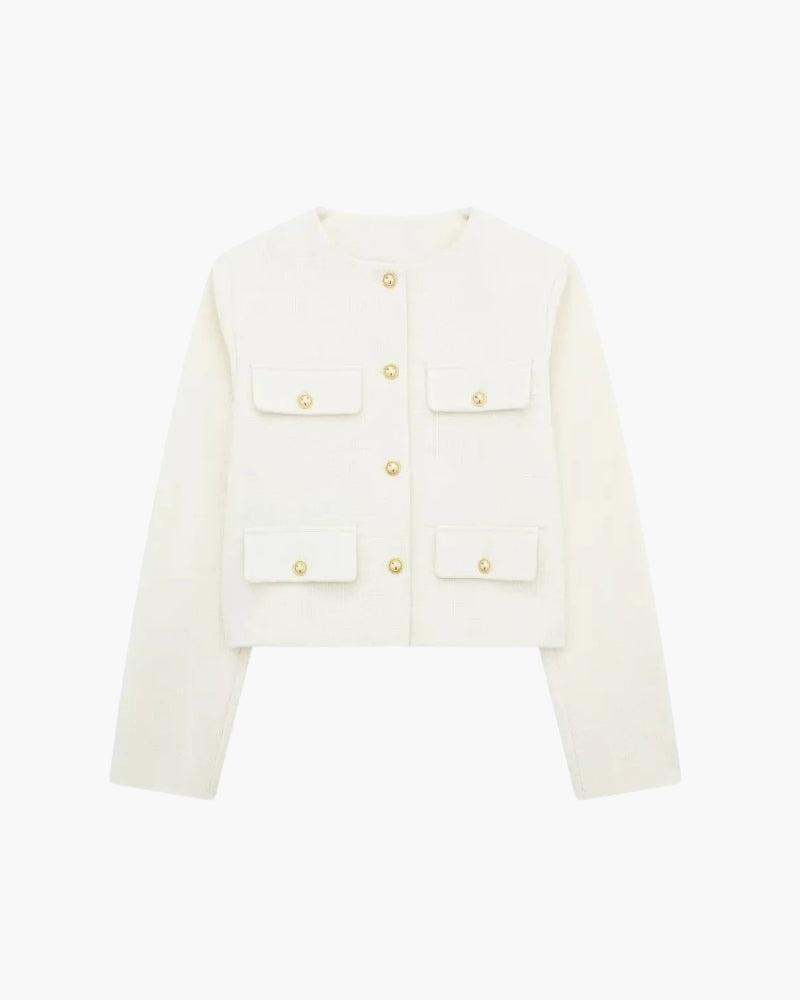 Savile – Cropped Collarless Blazer with Gold Buttons