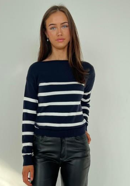 Emmy- Navy & White Striped Knit Sweater – Women’s Round‑Neck Pullover with Long Sleeves