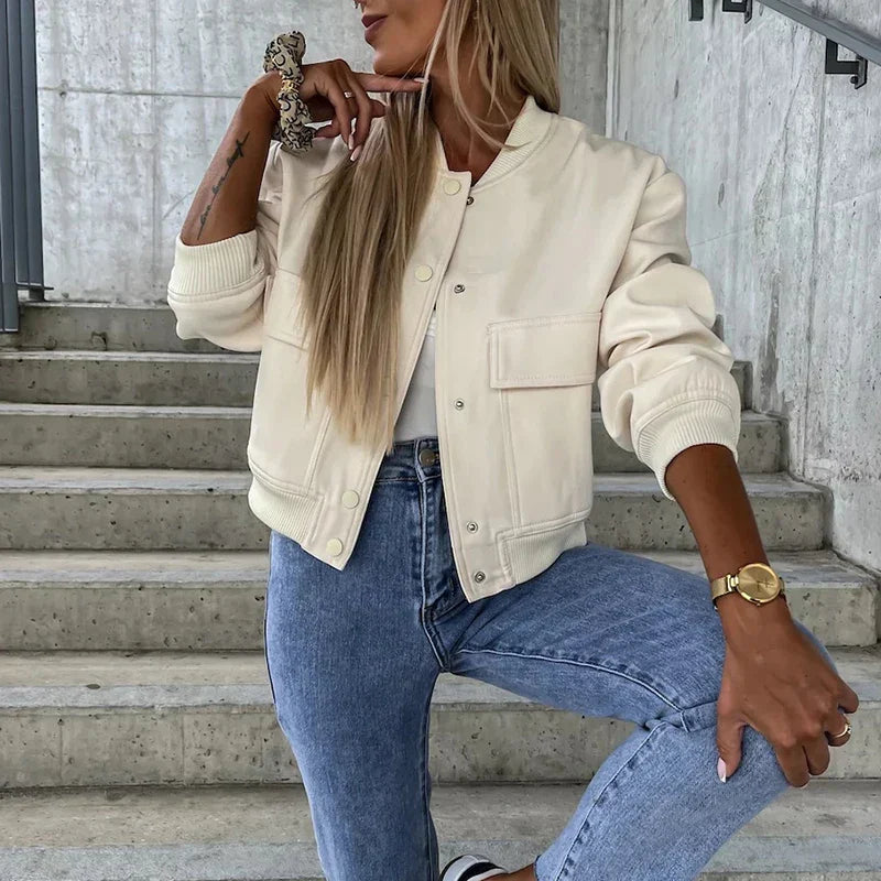 Women's Bomber Jacket - Button Closure with Flap Pockets