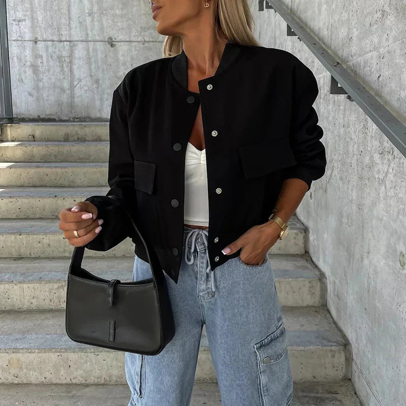 Women's Bomber Jacket - Button Closure with Flap Pockets